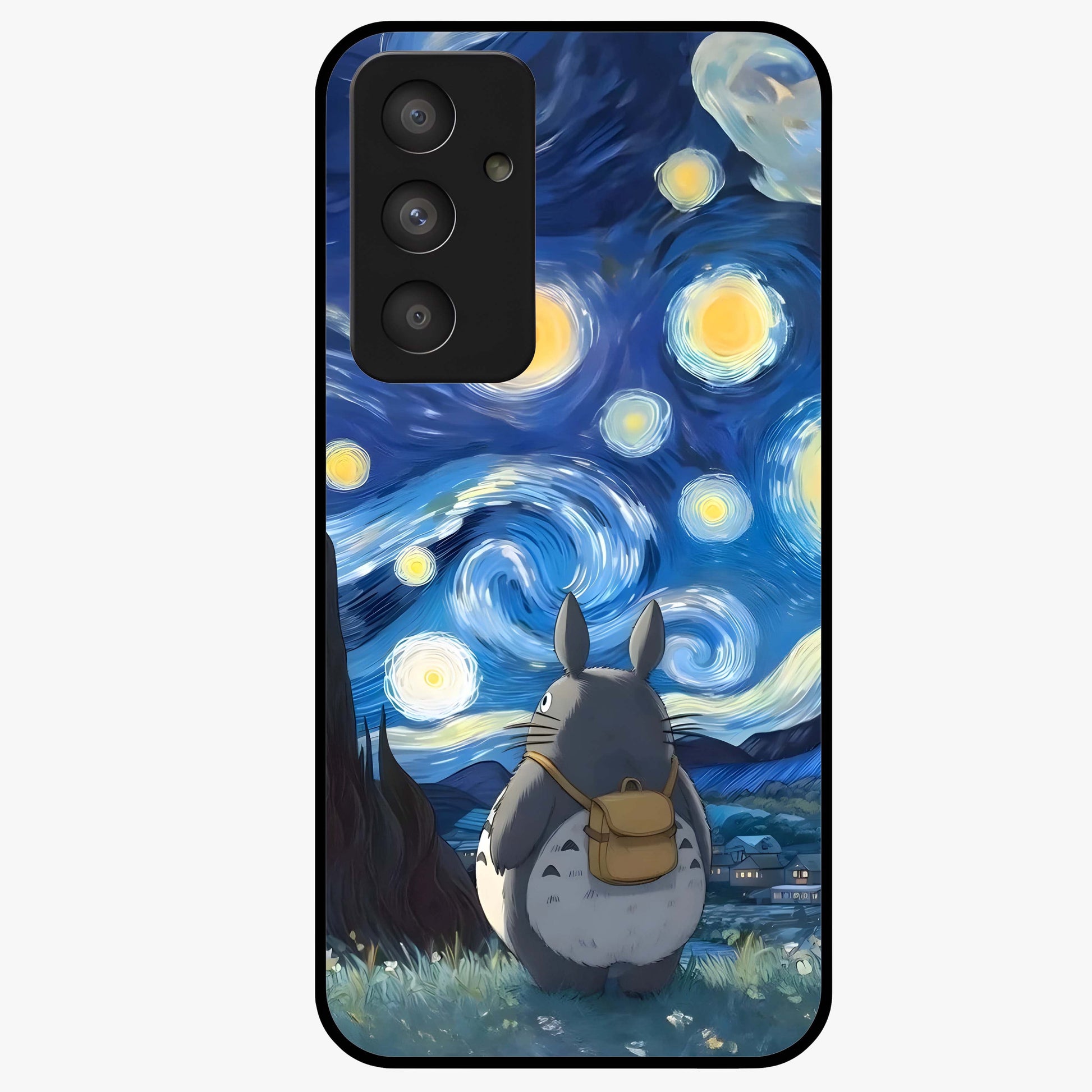 Totoro In Van Gogh Art Glass Case showing flat back view with whimsical character artwork inspired by Van Gogh style and glossy glass finish.