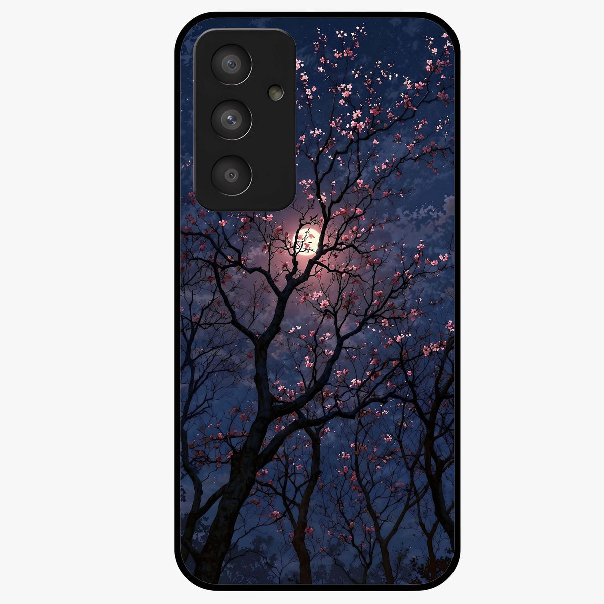 Twilight Sakura Serenade Glass Case showing flat back view with cherry blossom artwork at twilight and glossy glass finish.