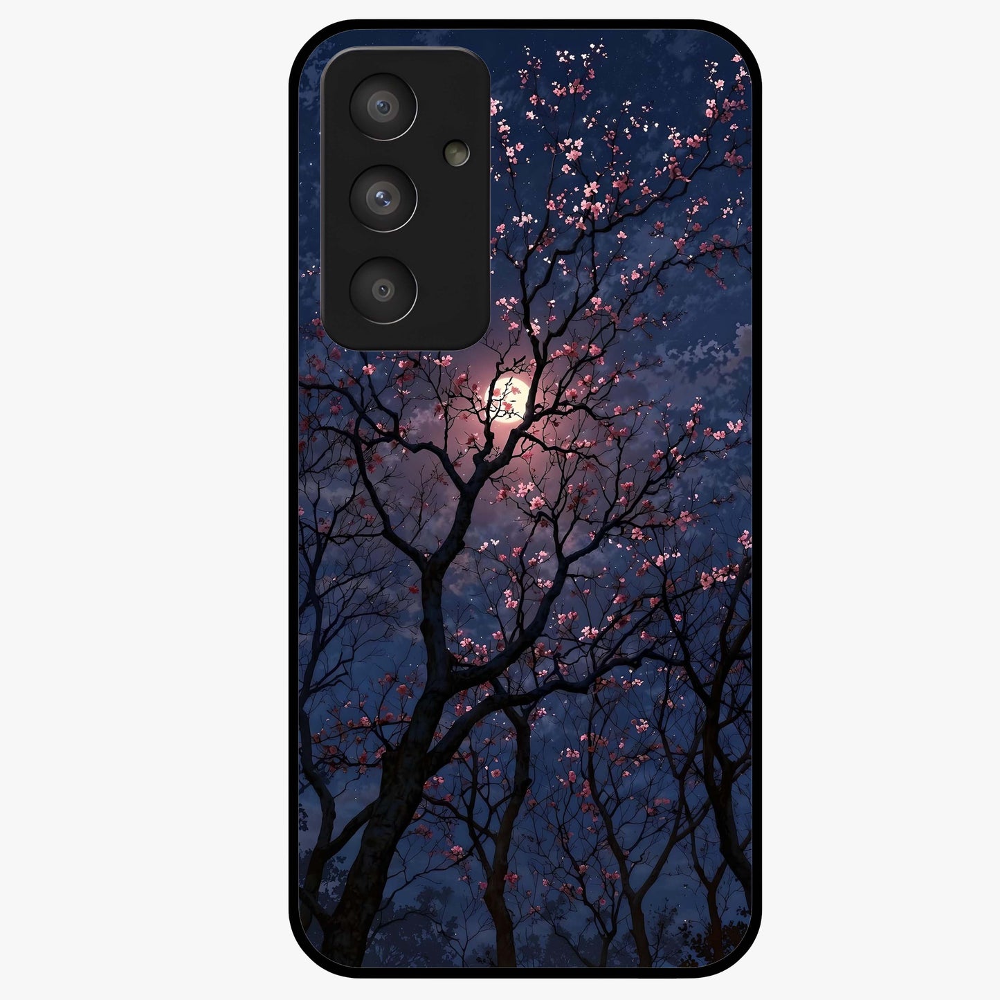 Twilight Sakura Serenade Glass Case showing flat back view with cherry blossom artwork at twilight and glossy glass finish.