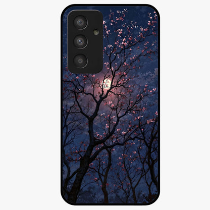 Twilight Sakura Serenade Glass Case showing flat back view with cherry blossom artwork at twilight and glossy glass finish.