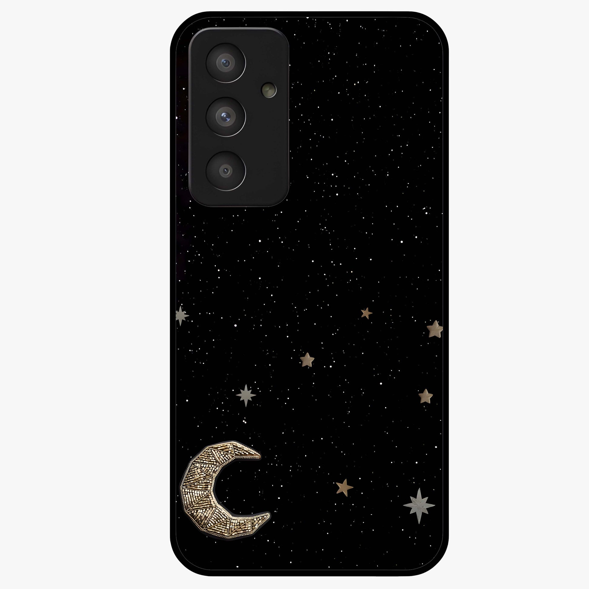 Twinkle Star With Half Moon Glass Case showing flat back view with star and half moon artwork and glossy glass finish.