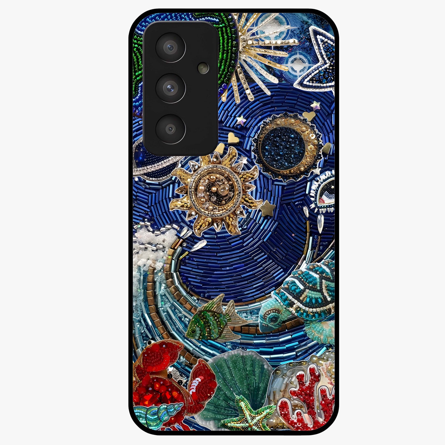 Universe Underwater Spark Glass Case showing flat back view with cosmic underwater themed artwork and glossy glass finish.