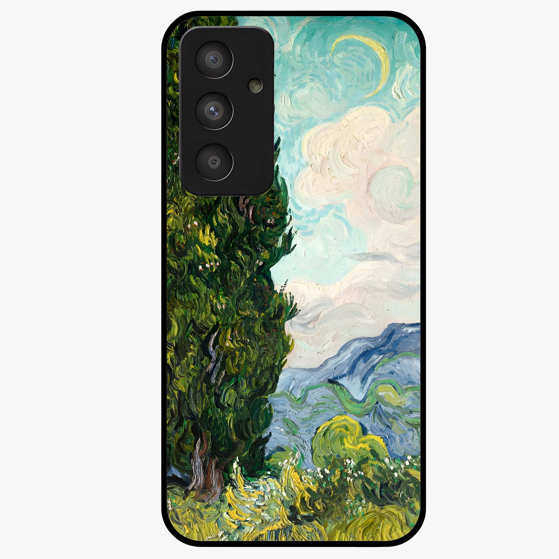 Van Gogh Vintage Art Glass Case showing flat back view with vintage painterly artwork inspired by Van Gogh style and glossy glass finish.