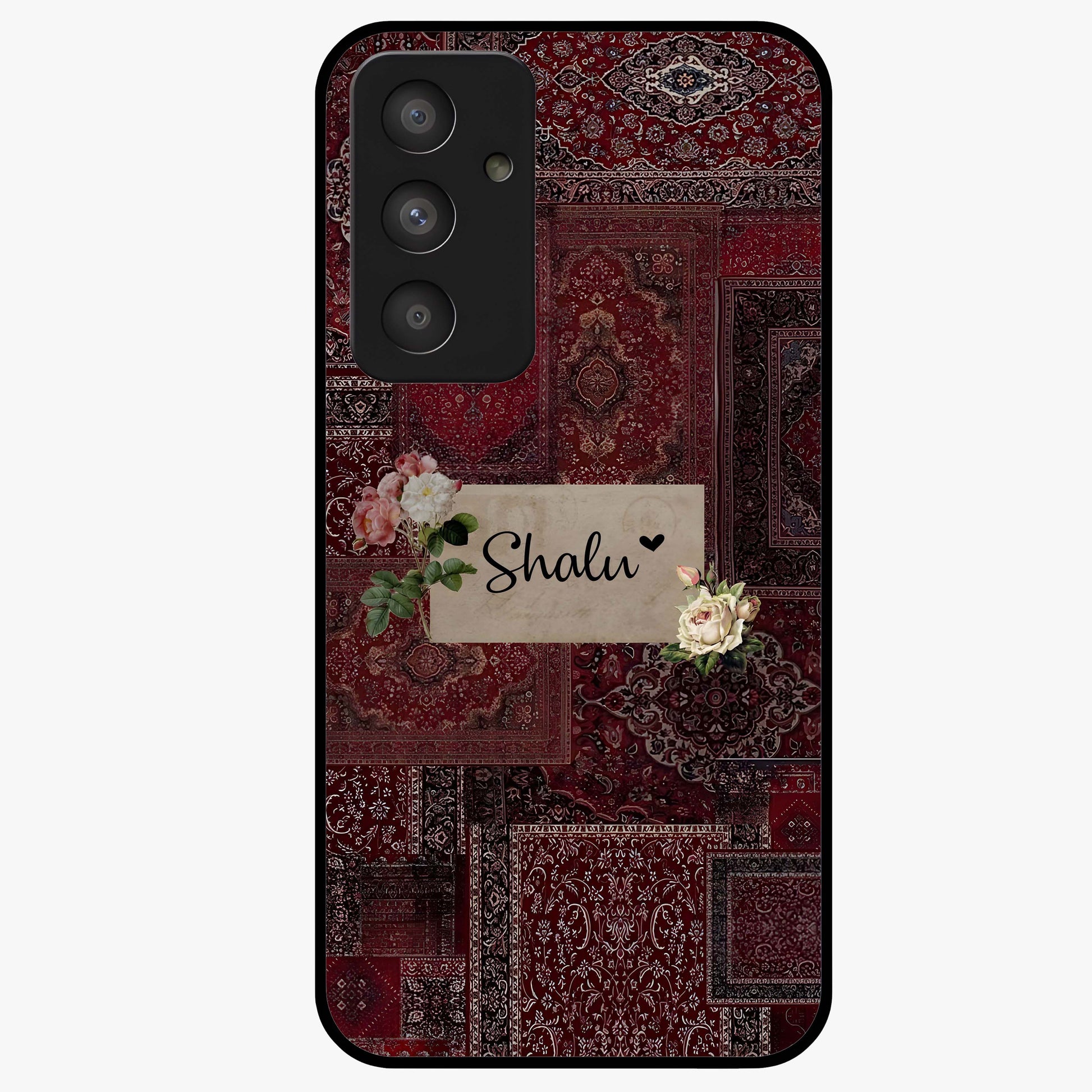 Velvet Wine Pattern Custom Name Glass Case showing flat back view with elegant wine colored pattern artwork and personalized name design.