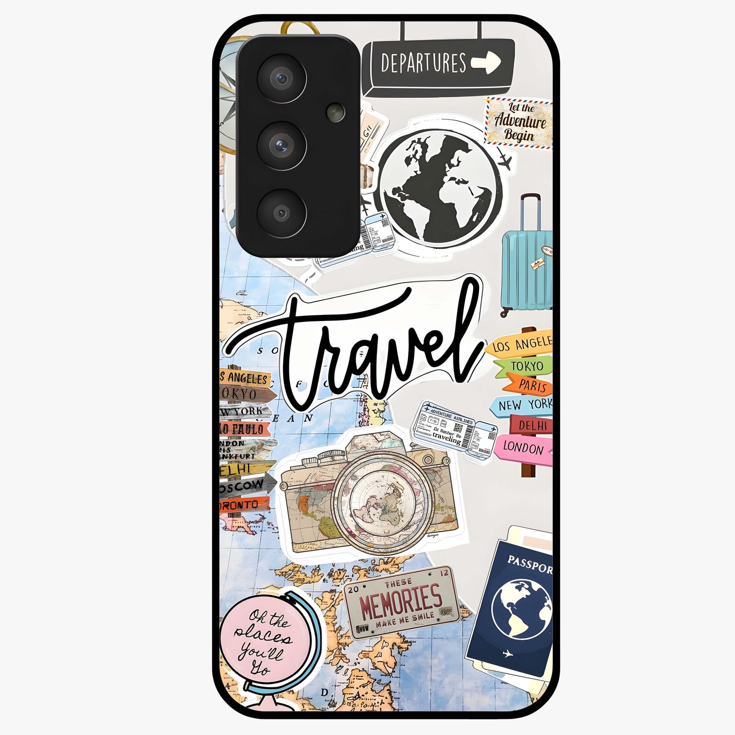 Wanderlust Journal Glass Case showing flat back view with travel inspired artwork and glossy glass finish.