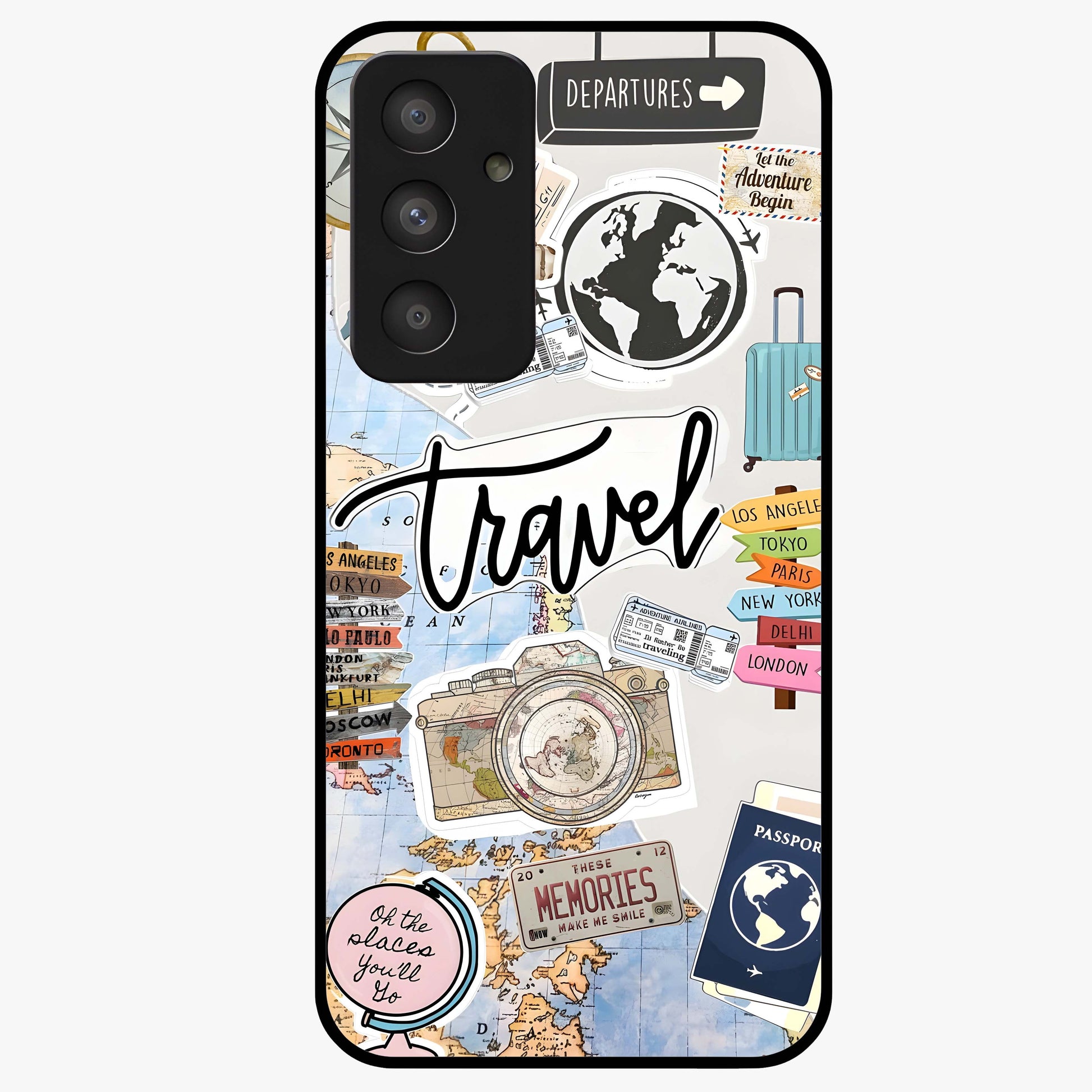 Wanderlust Journal Glass Case showing flat back view with travel inspired artwork and glossy glass finish.