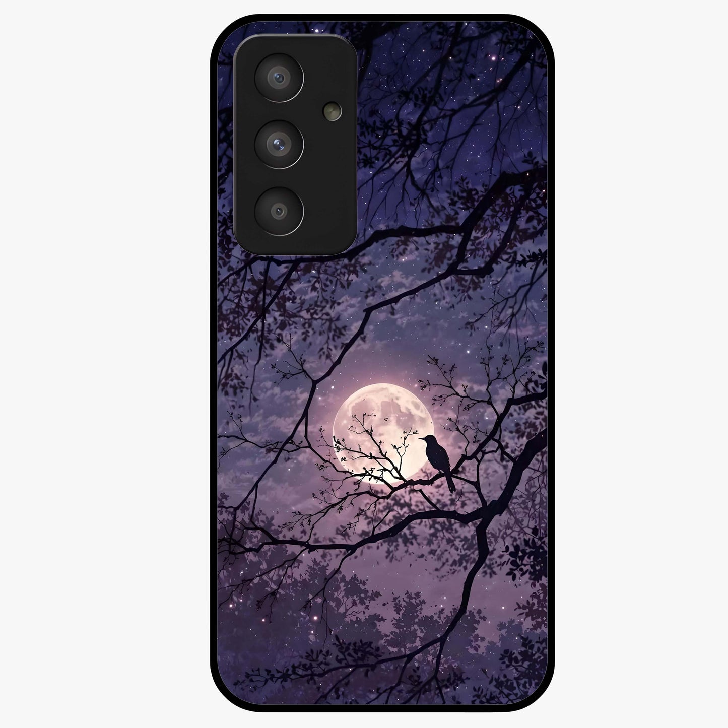 Whispering Moon Silence Glass Case showing flat back view with serene moon themed artwork and glossy glass finish.