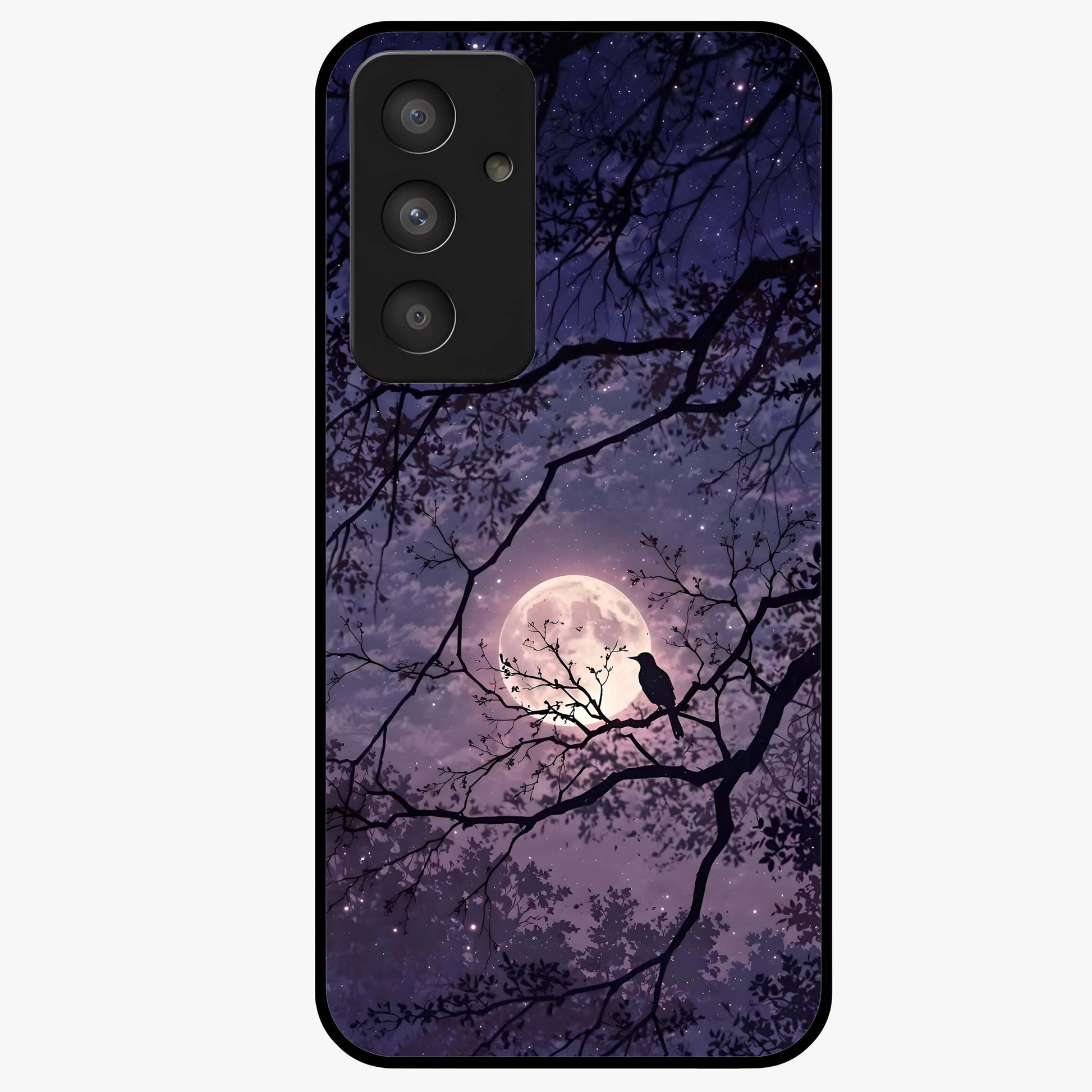 Whispering Moon Silence Glass Case showing flat back view with serene moon themed artwork and glossy glass finish.