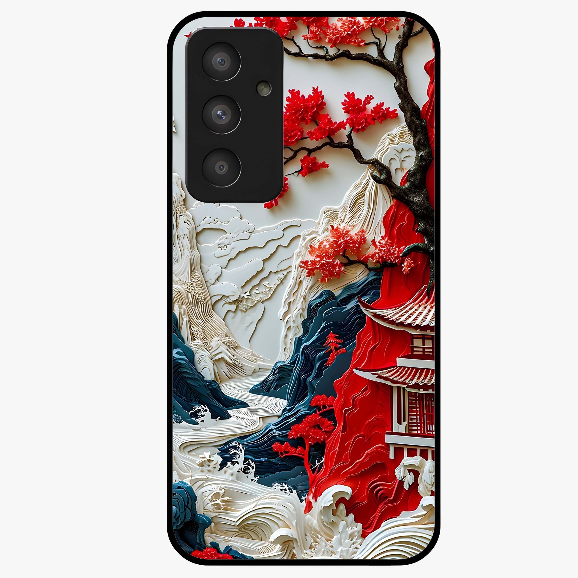 Whispers Of Sakura Waves Glass Case showing flat back view with cherry blossom wave artwork and glossy glass finish.