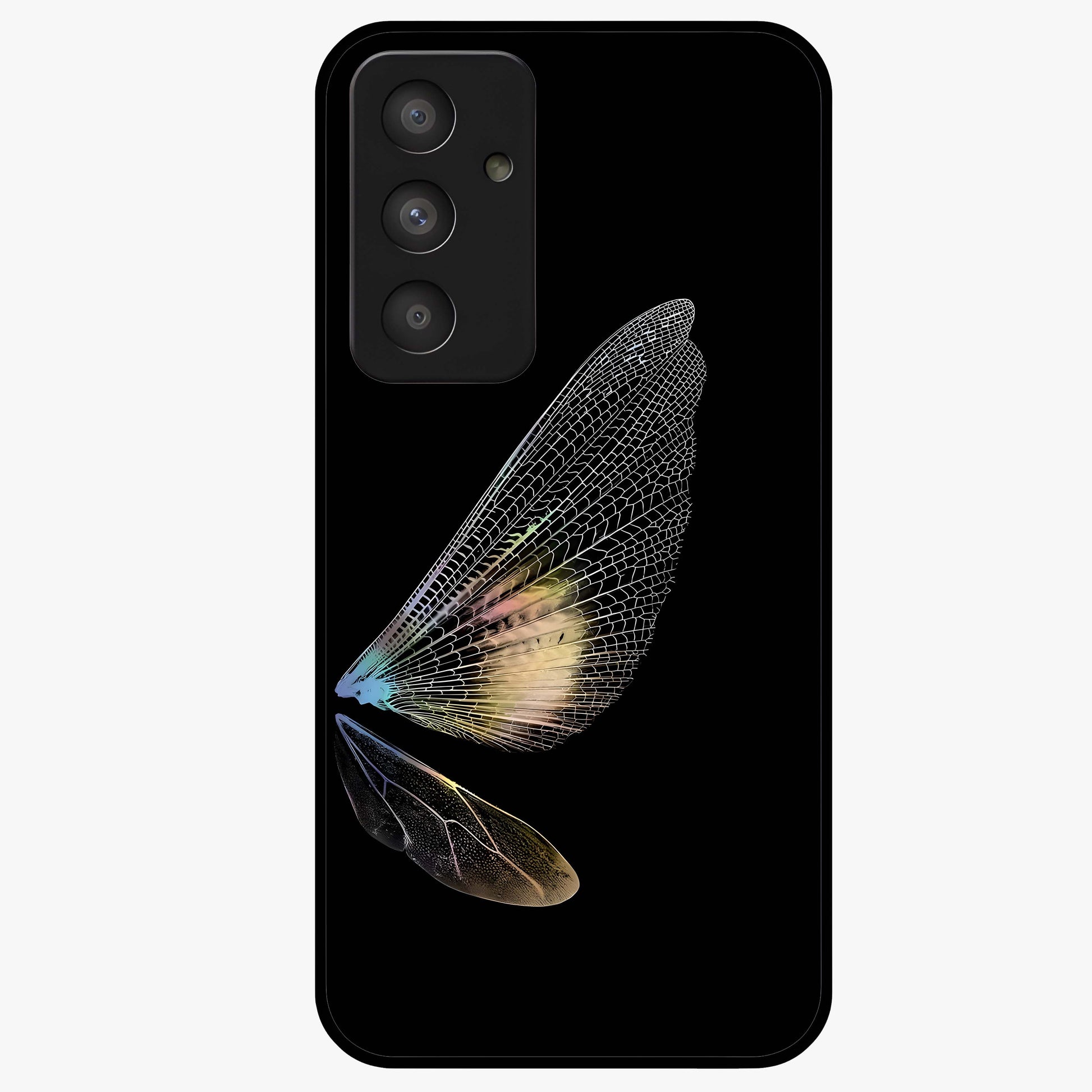 Whispers Of Wings Glass Case showing flat back view with graceful wing inspired artwork and glossy glass finish.
