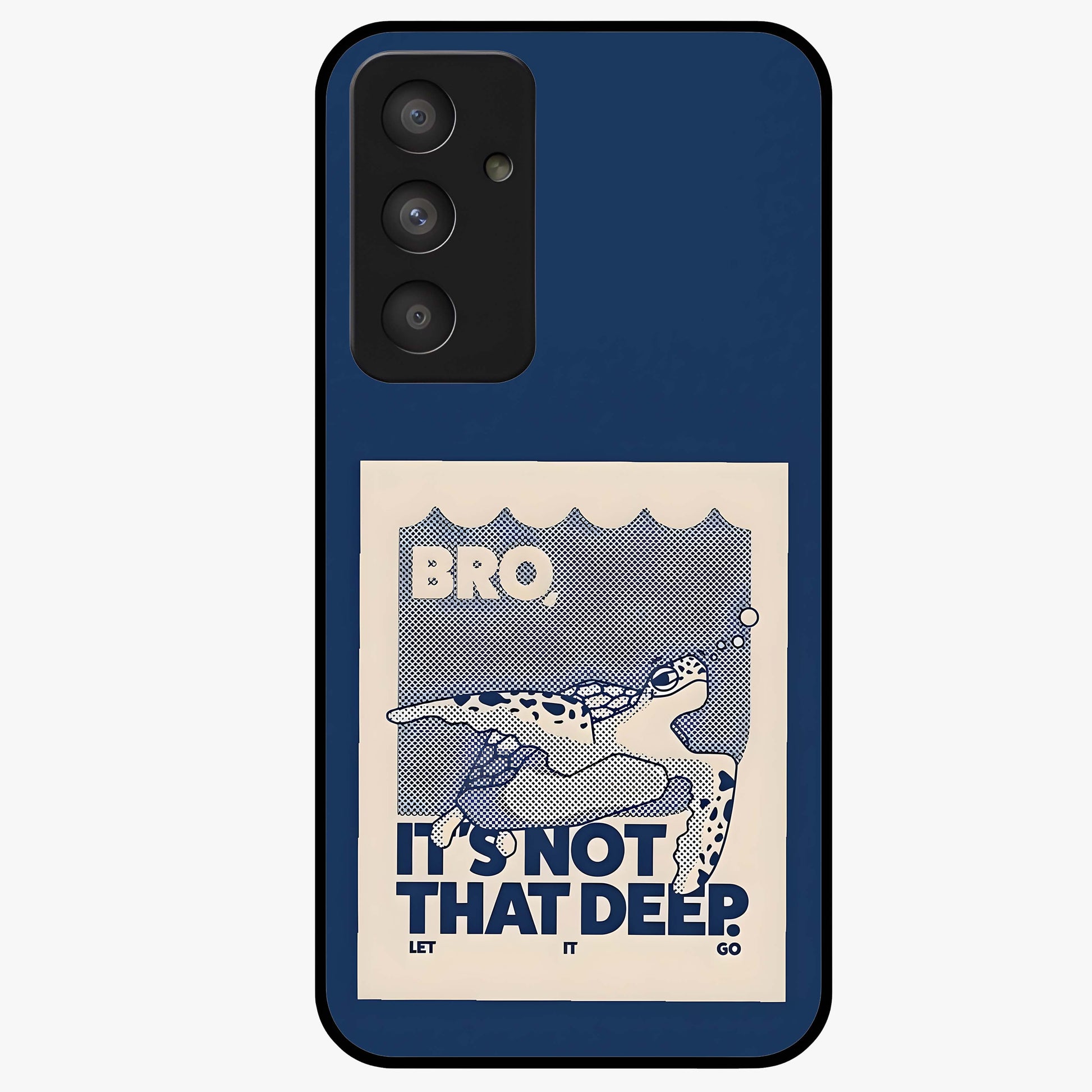 Worry Less Swim Glass Case showing flat back view with playful motivational artwork and glossy glass finish.