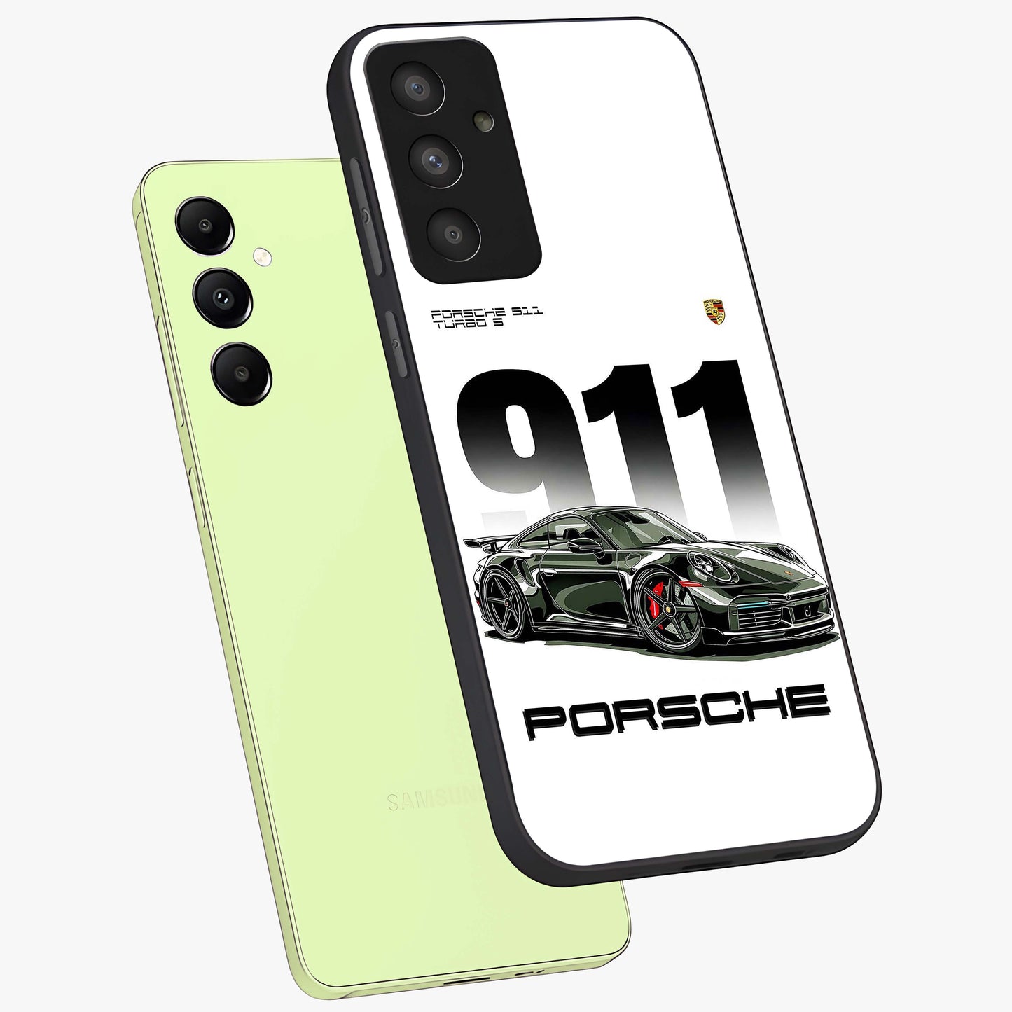 911 Turbo Dominance Glass Case displayed in premium angled mockup highlighting sporty car illustration and sleek glass surface.