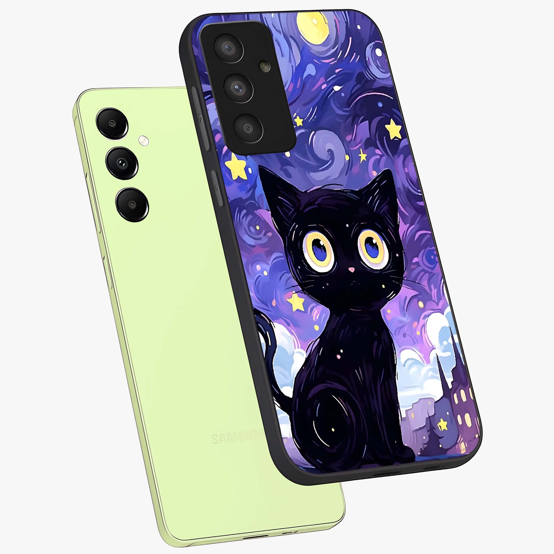 Abstract Cat Art Glass Case displayed in angled mockup highlighting modern abstract cat artwork and sleek glass surface.
