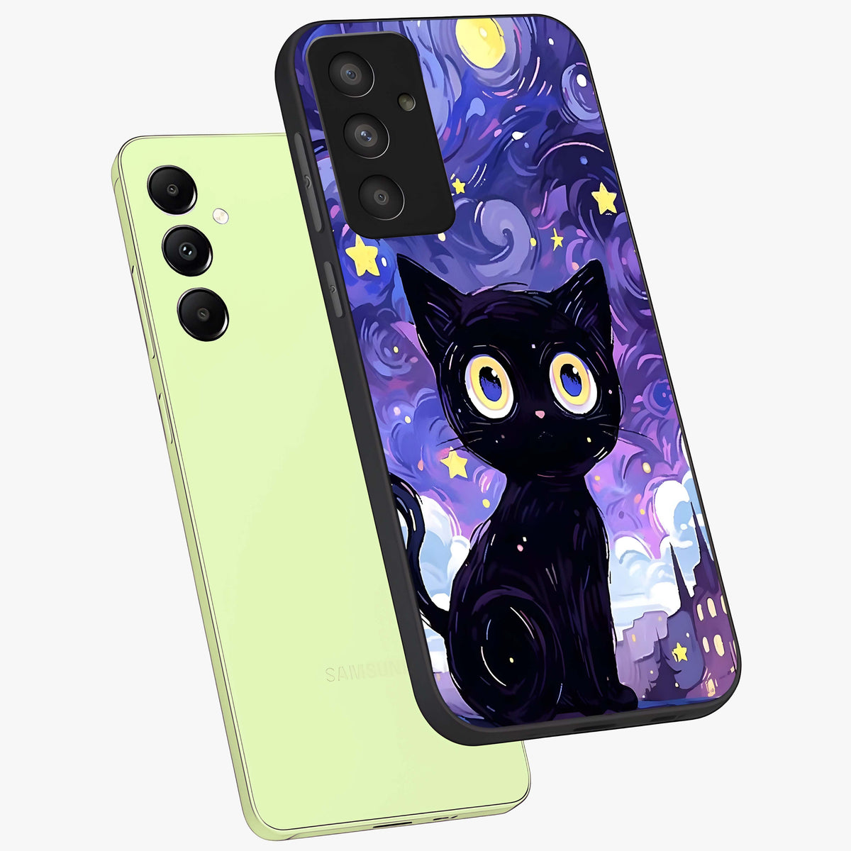 Abstract Cat Art Glass Case displayed in angled mockup highlighting modern abstract cat artwork and sleek glass surface.