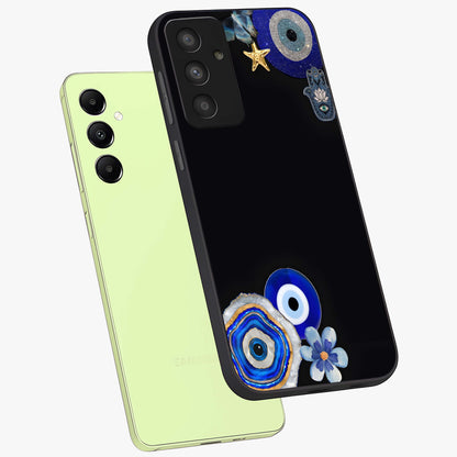 Aesthetic Blue Evil Eye Glass Case displayed in angled mockup highlighting blue evil eye symbol and spiritual aesthetic design.