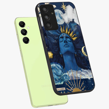 Aesthetic Lord Shiva Glass Case displayed in angled mockup highlighting spiritual Shiva illustration and sacred aesthetic design.