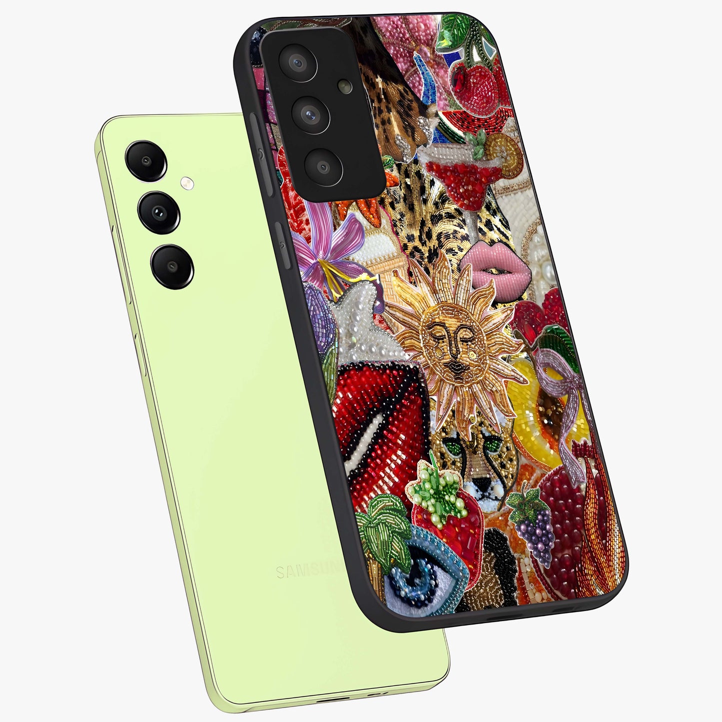 Beaded Fashion Jungle Glass Case displayed in angled mockup highlighting colorful fashion bead design and artistic pattern.