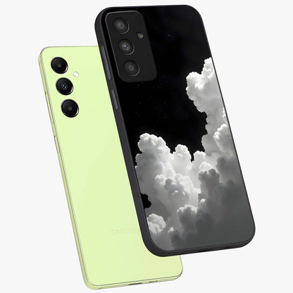 Black Background With White Cloud Glass Case displayed in angled mockup highlighting soft white cloud illustration and minimal design.