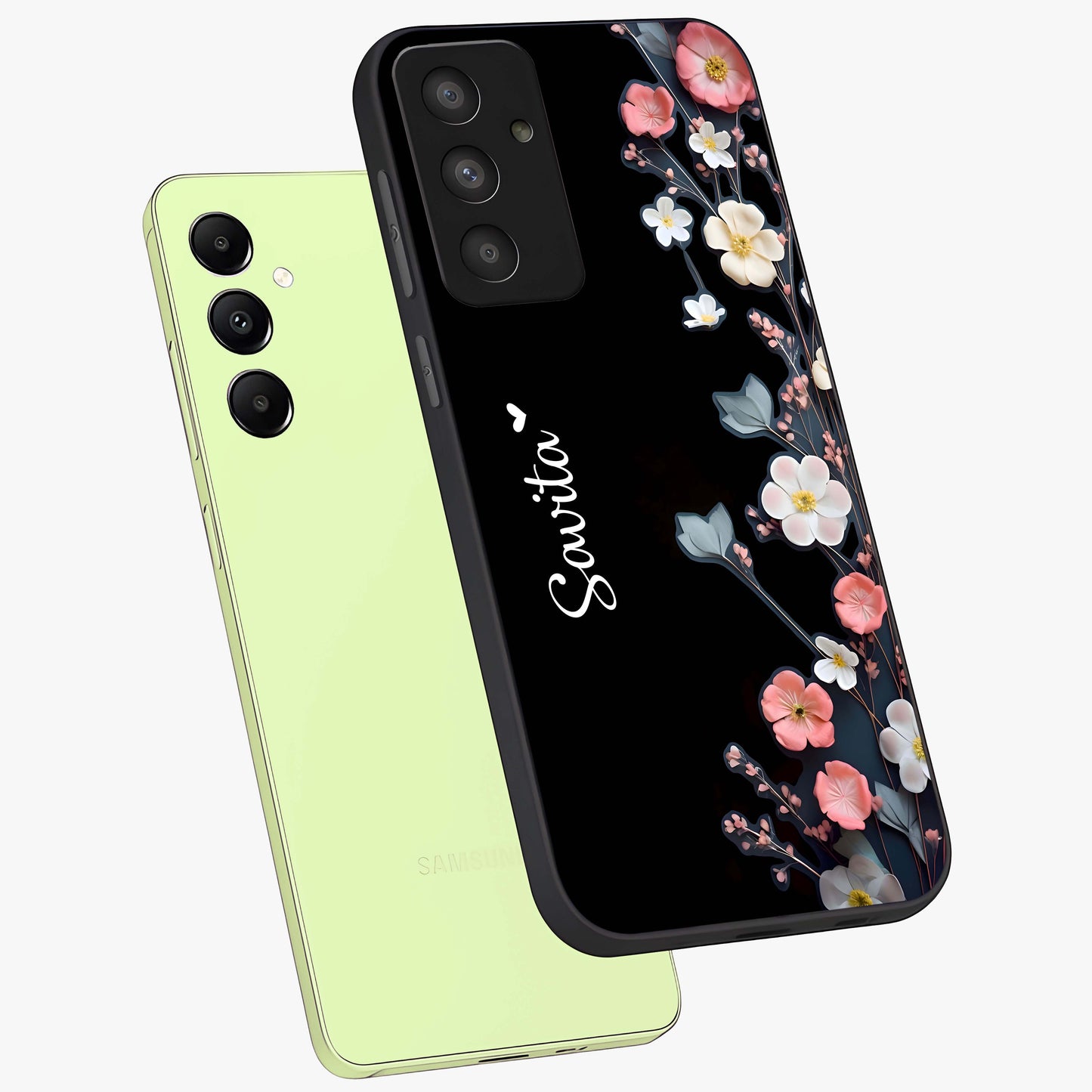 Black Elegance Floral Custom Name Glass Case displayed in angled mockup highlighting dark floral aesthetic and custom name feature.