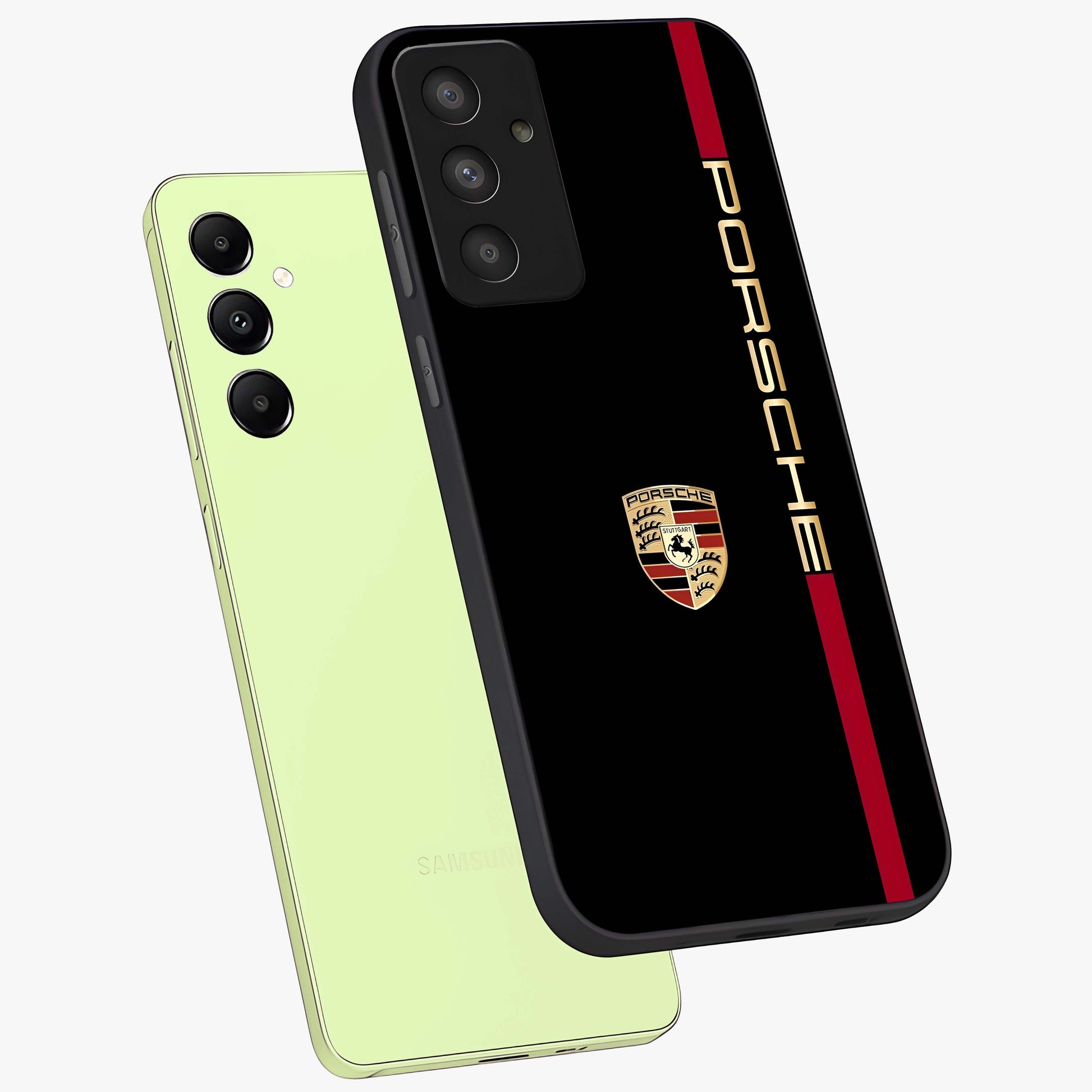 Black Minimal Porsche Glass Case displayed in angled mockup highlighting modern minimal car illustration and clean aesthetic design.