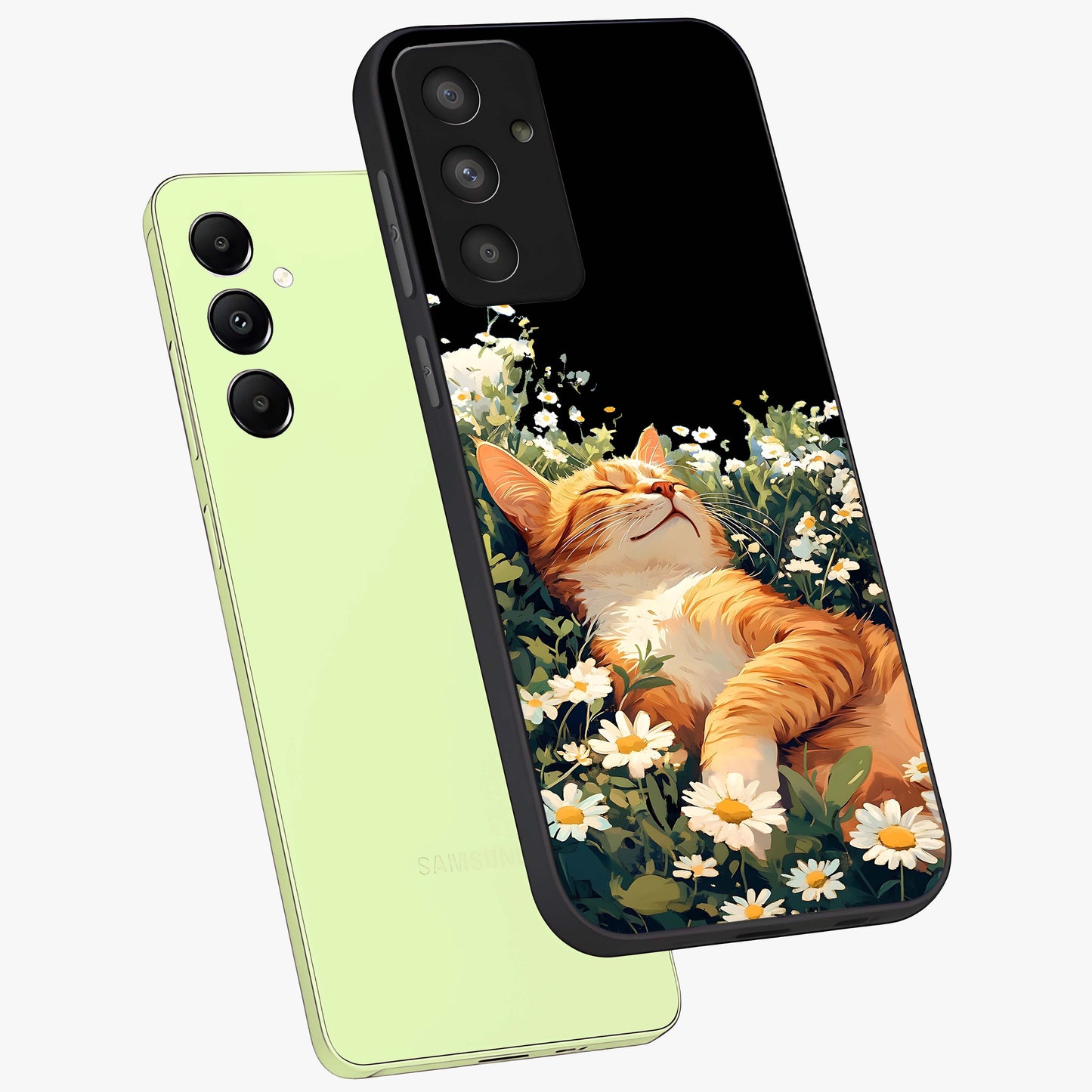 Blissful Bloom Cat Glass Case displayed in angled mockup highlighting playful feline illustration with soft floral aesthetic.