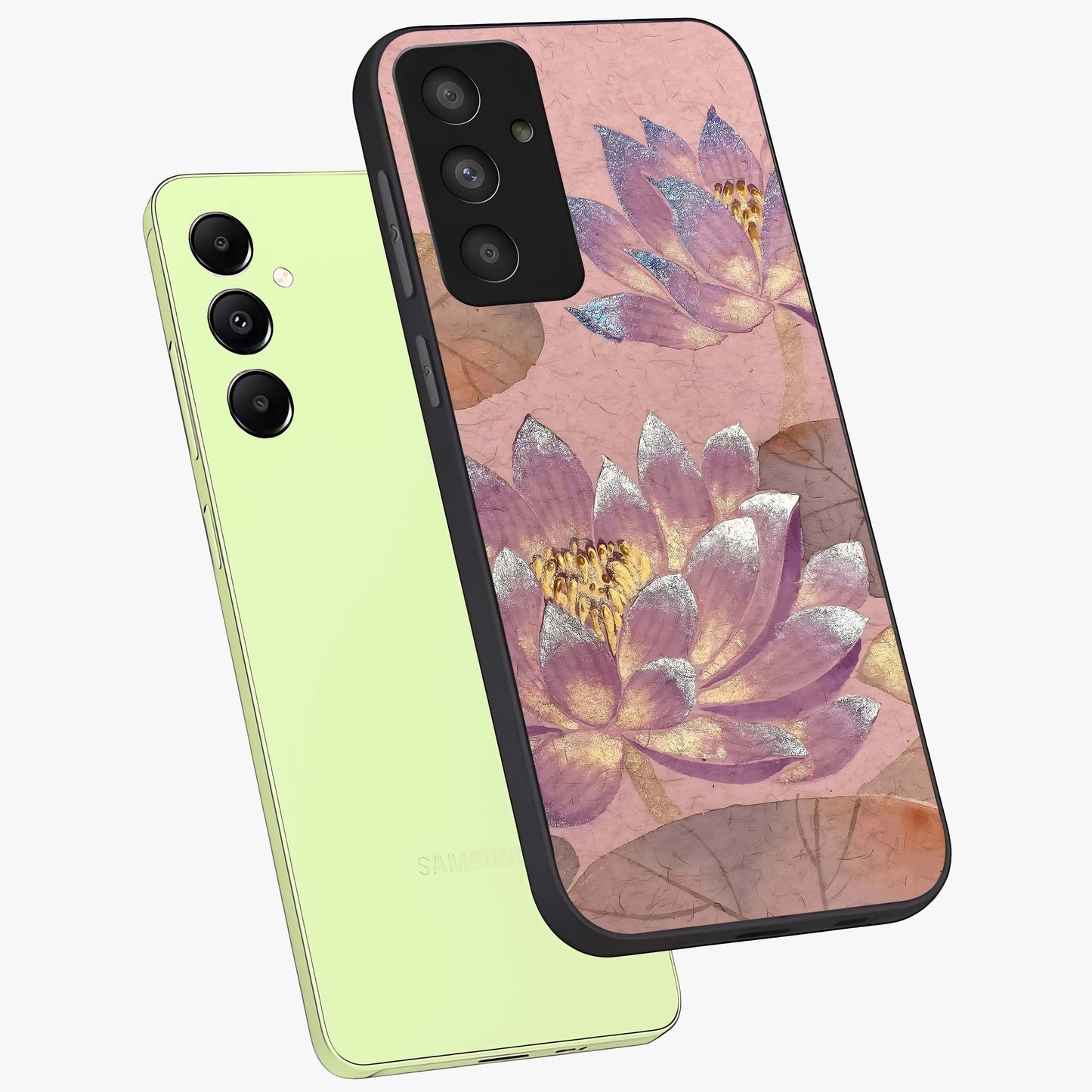 Blossom Mist Lotus Glass Case displayed in angled mockup highlighting delicate lotus illustration with calm aesthetic theme.