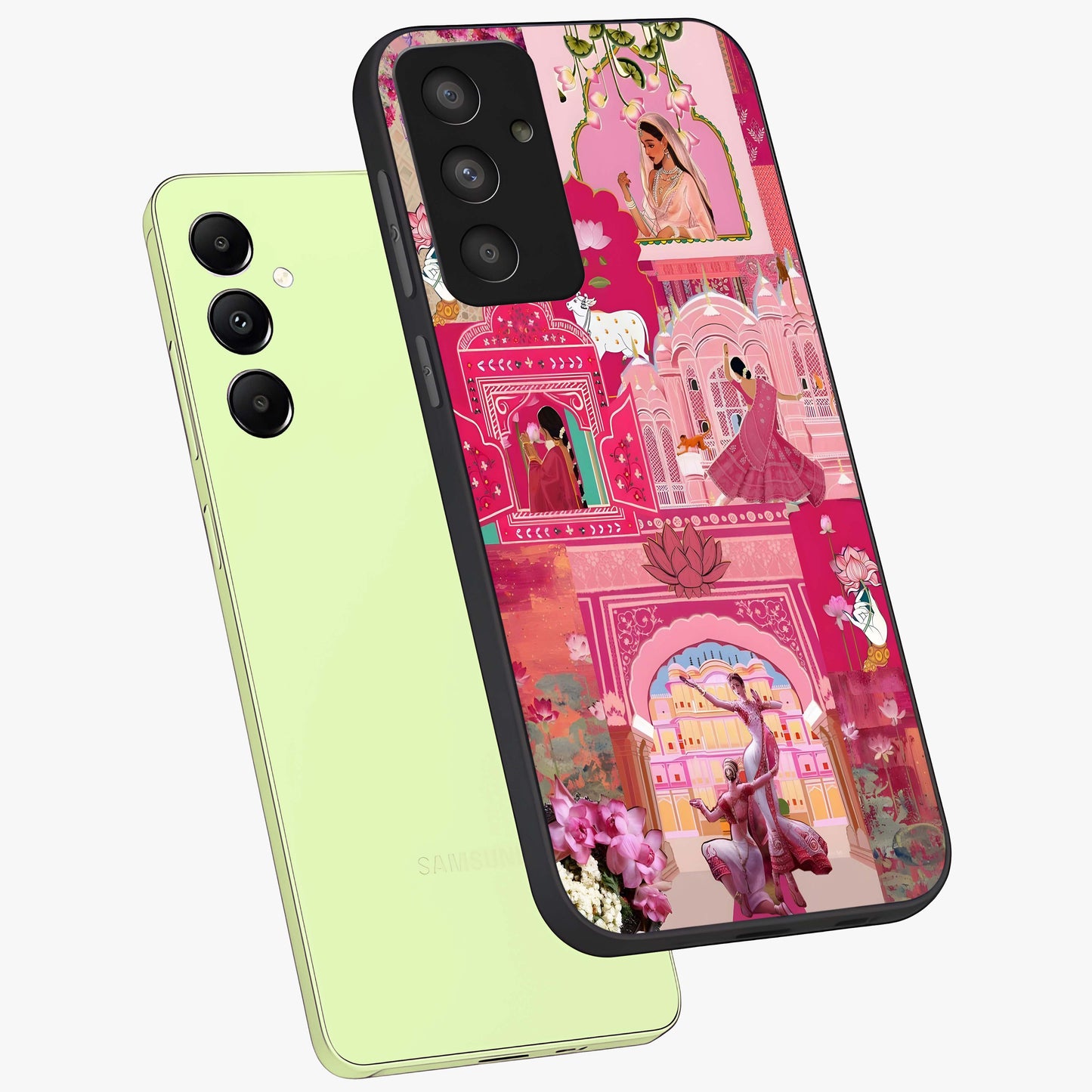 Blossoms of Rajasthan Glass Case displayed in angled mockup highlighting vibrant floral pattern with cultural aesthetic style.