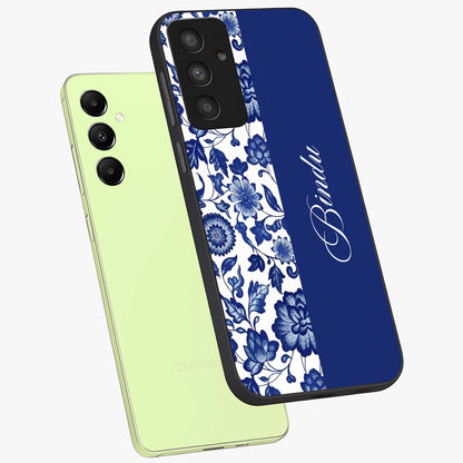 Blue Vintage Floral Pattern Glass Case displayed in angled mockup highlighting subtle bloom pattern with aesthetic pastel design.