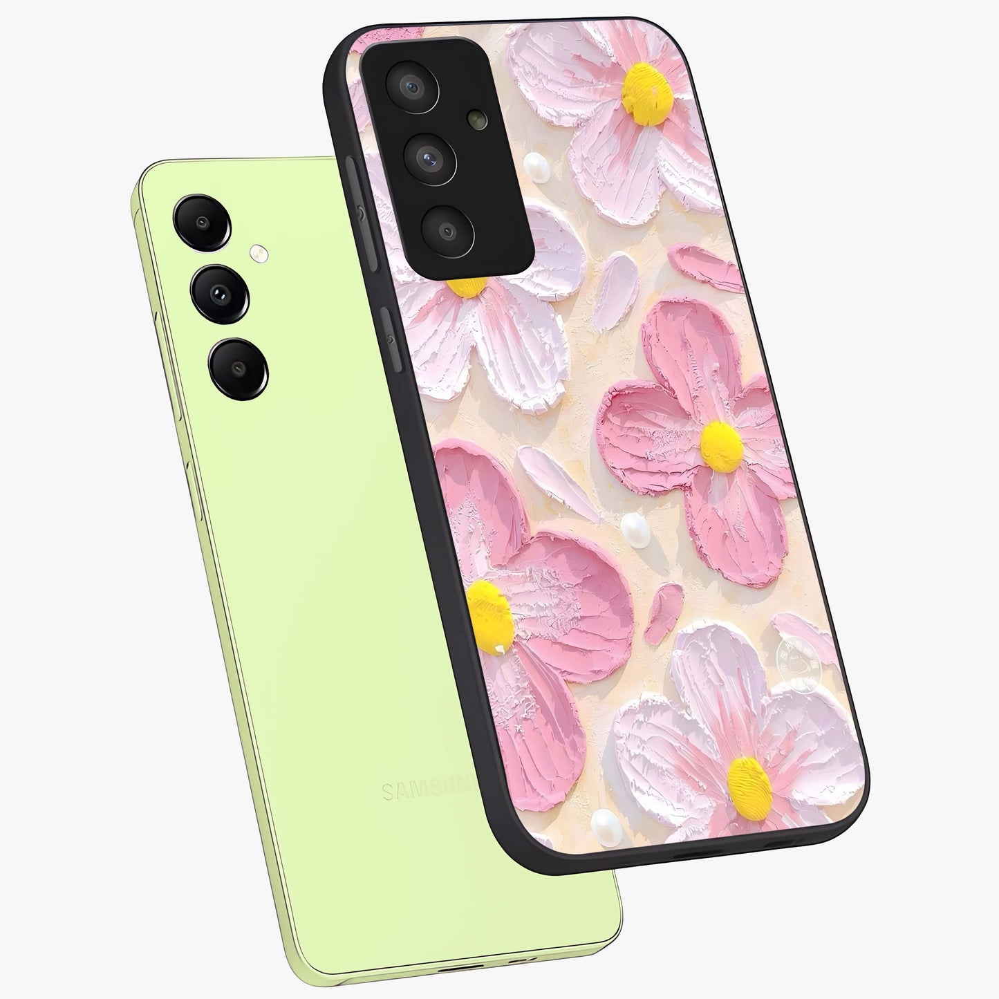 Blush Bloom Texture Glass Case displayed in angled mockup highlighting subtle bloom pattern with aesthetic pastel design.