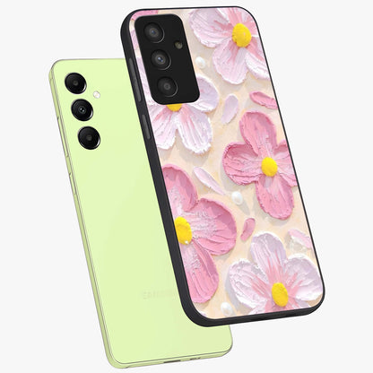 Blush Bloom Texture Glass Case displayed in angled mockup highlighting subtle bloom pattern with aesthetic pastel design.