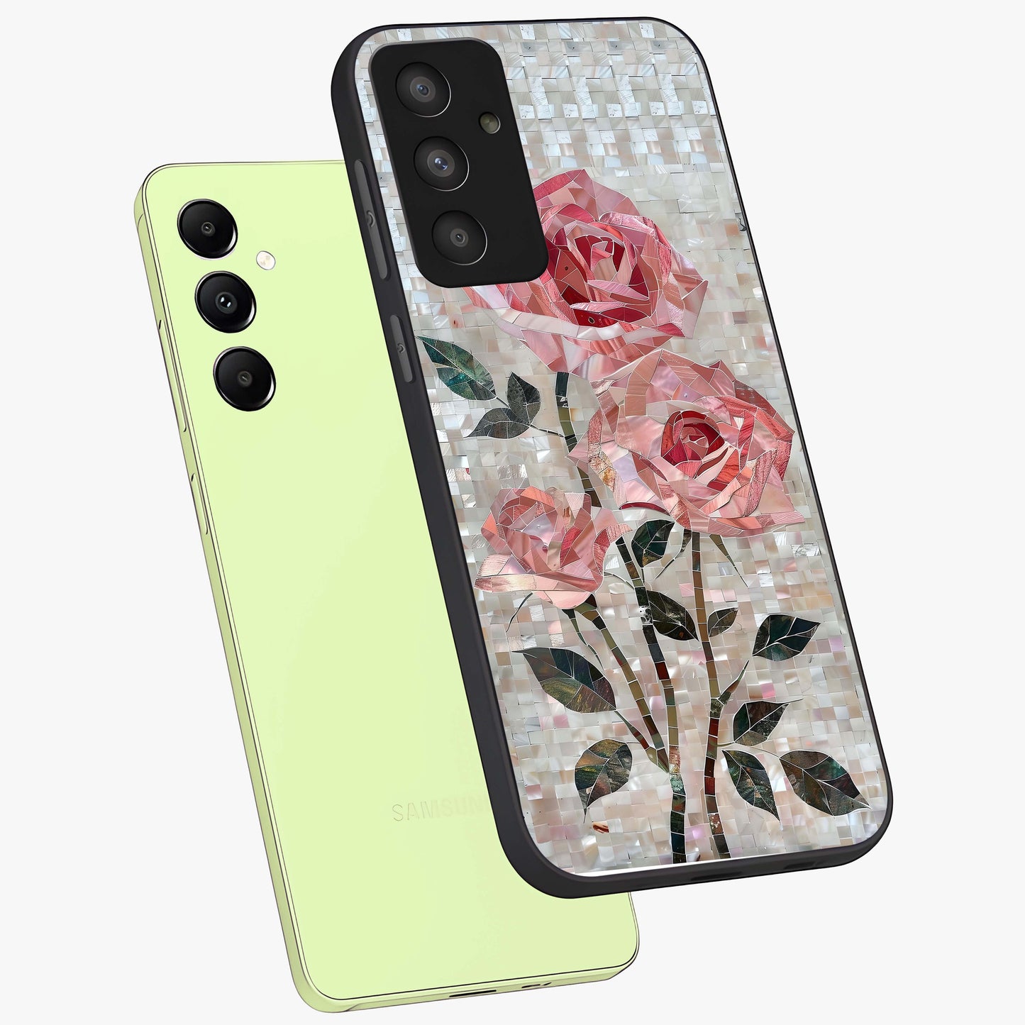 Blush Mosaic Bloom Glass Case displayed in angled mockup highlighting artistic mosaic flower pattern with aesthetic design.