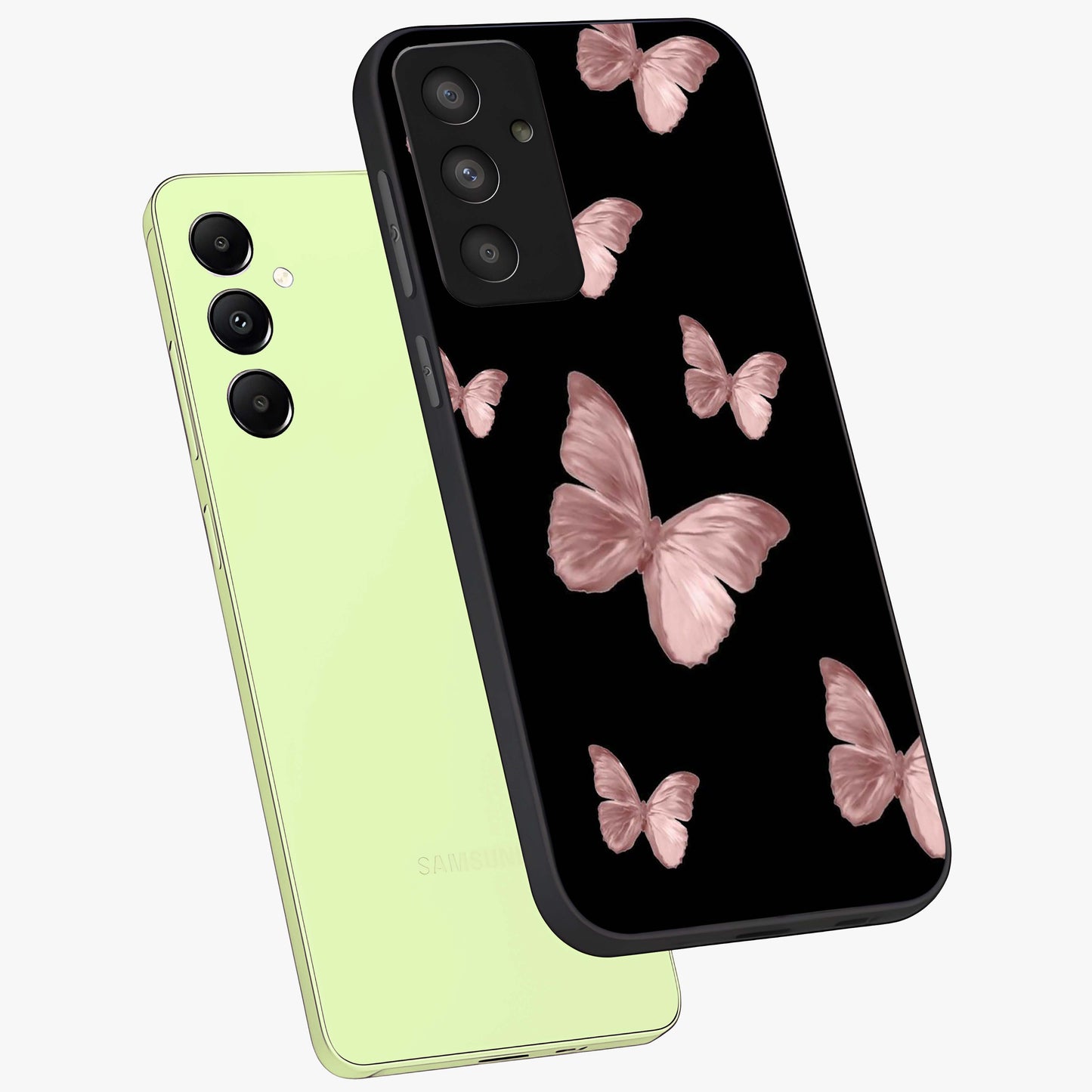 Butterfly Pattern Glass Case displayed in angled mockup highlighting delicate butterfly design and aesthetic pattern style.