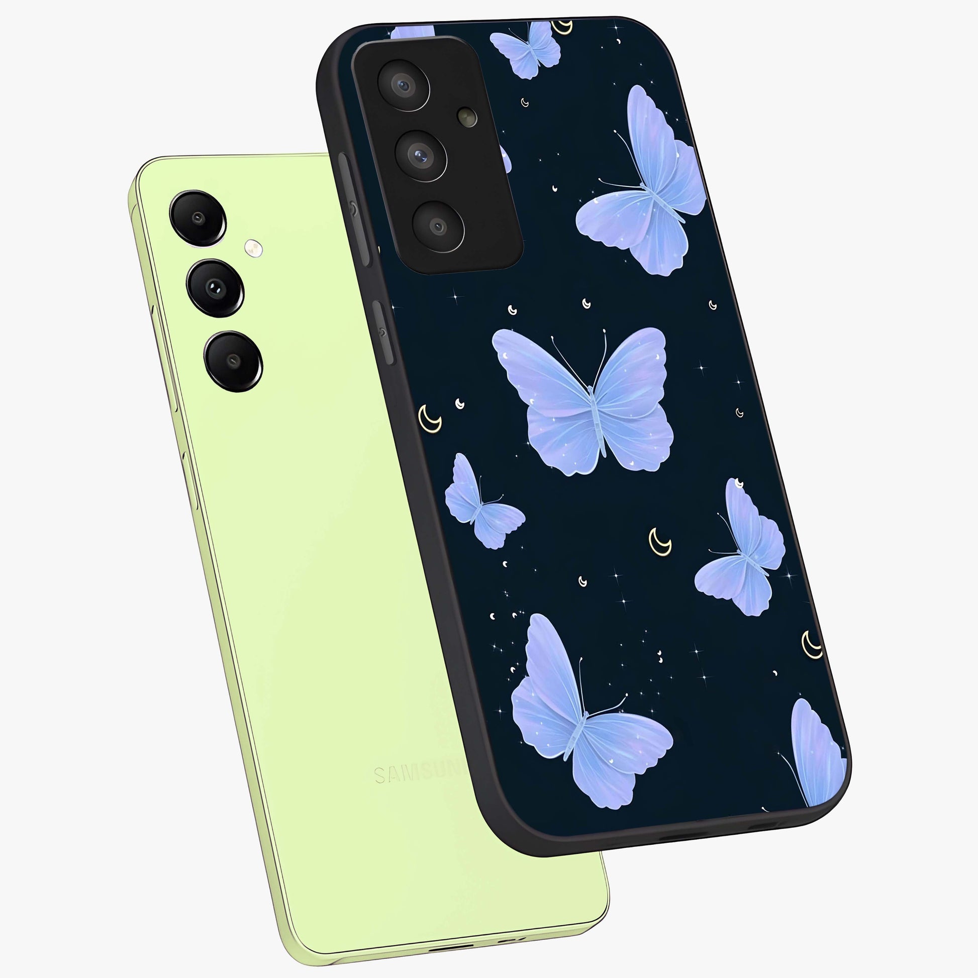Butterfly With Stars Pattern Glass Case displayed in angled mockup highlighting dreamy butterfly and star design with aesthetic theme.