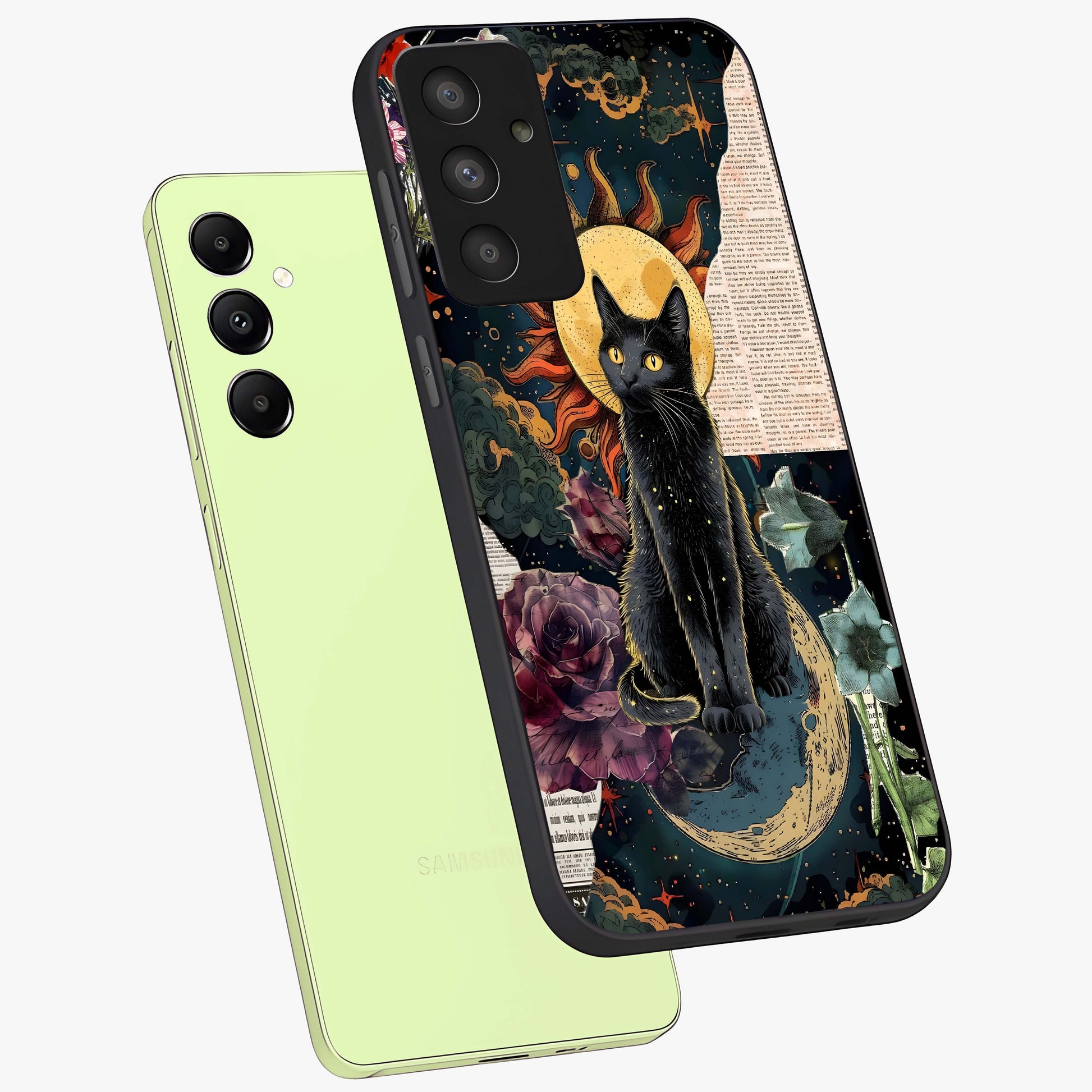 Celestial Black Cat Glass Case displayed in angled mockup highlighting cosmic black cat design with celestial aesthetic.
