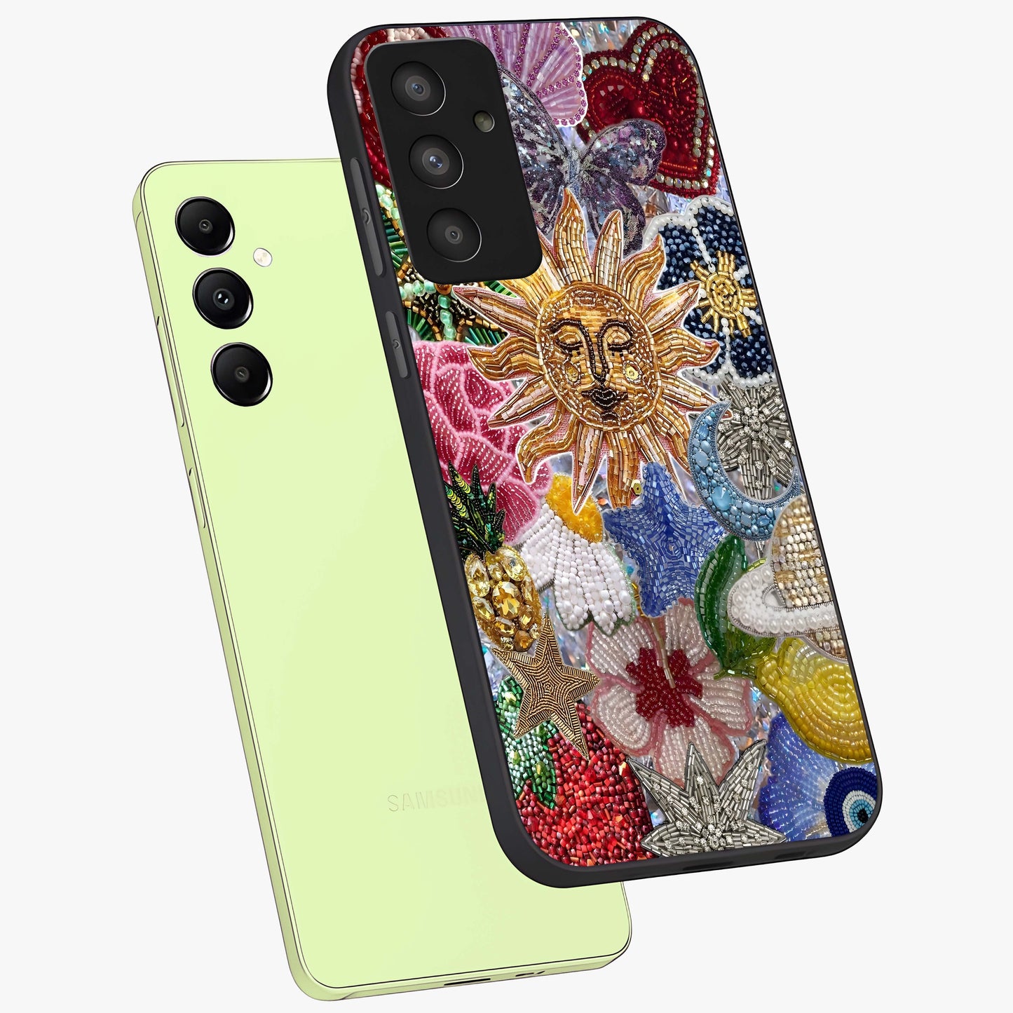 Celestial Floral and Playful Glass Case displayed in angled mockup highlighting playful floral design with dreamy celestial elements.