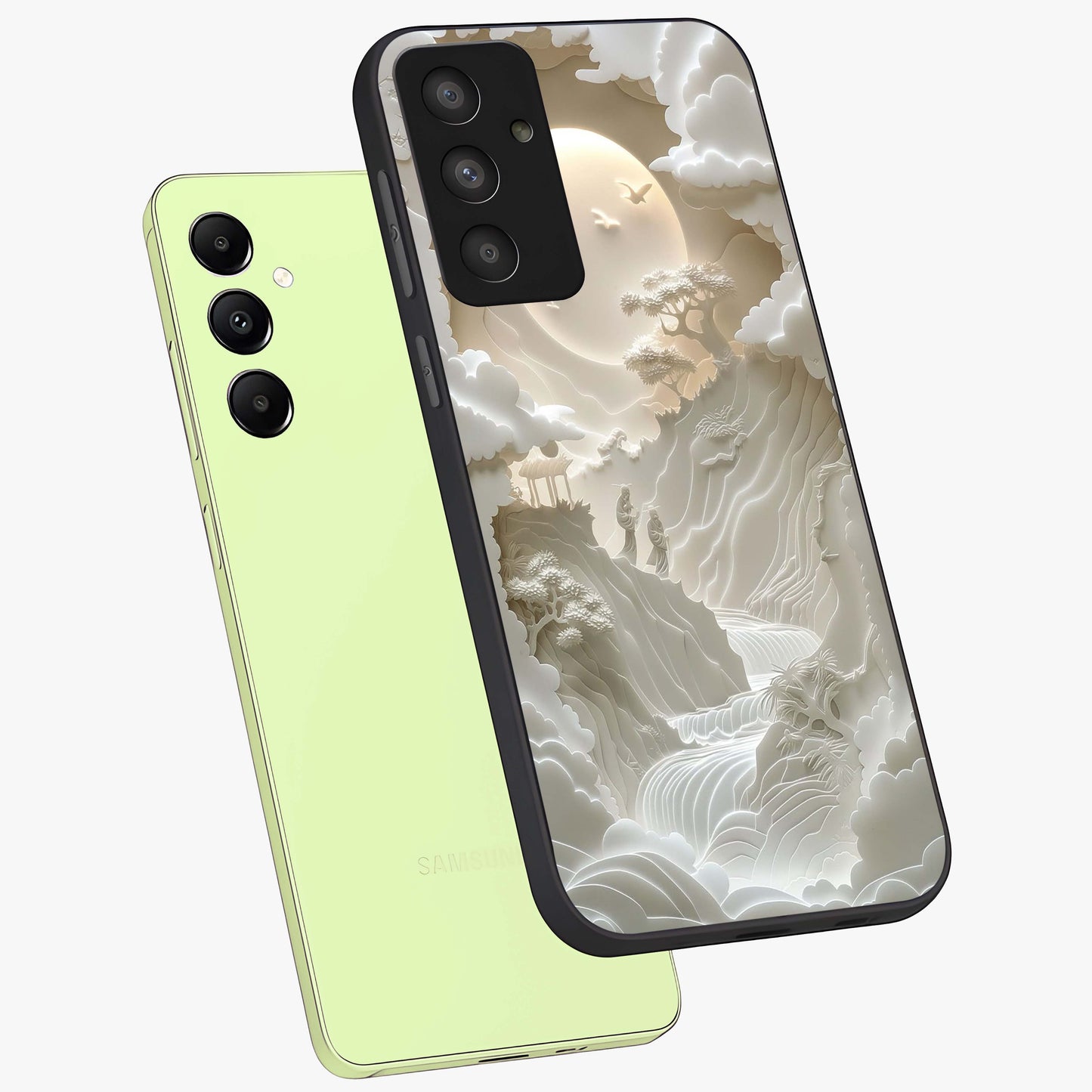 Celestial Origami Glass Case displayed in angled mockup highlighting geometric origami design with cosmic aesthetic theme.