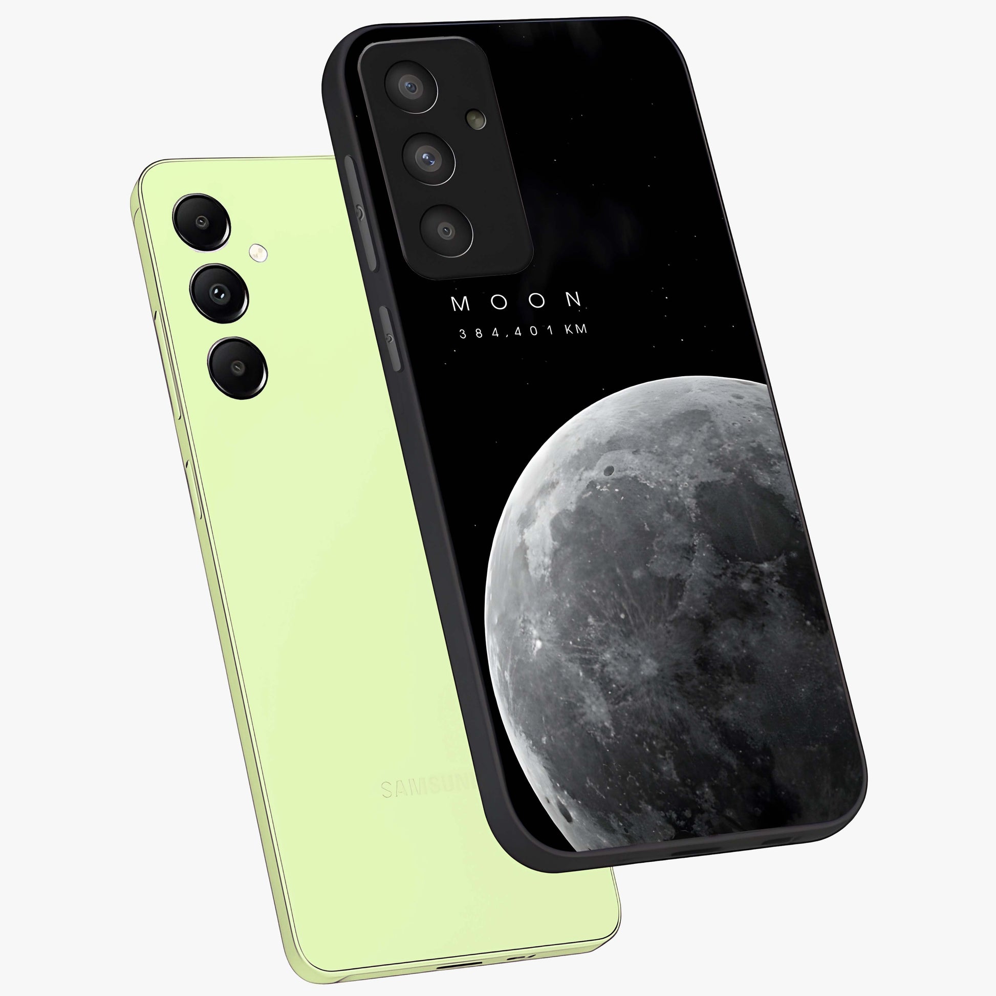Cosmic Moon Glow Glass Case displayed in angled mockup highlighting celestial moon design with cosmic aesthetic theme.