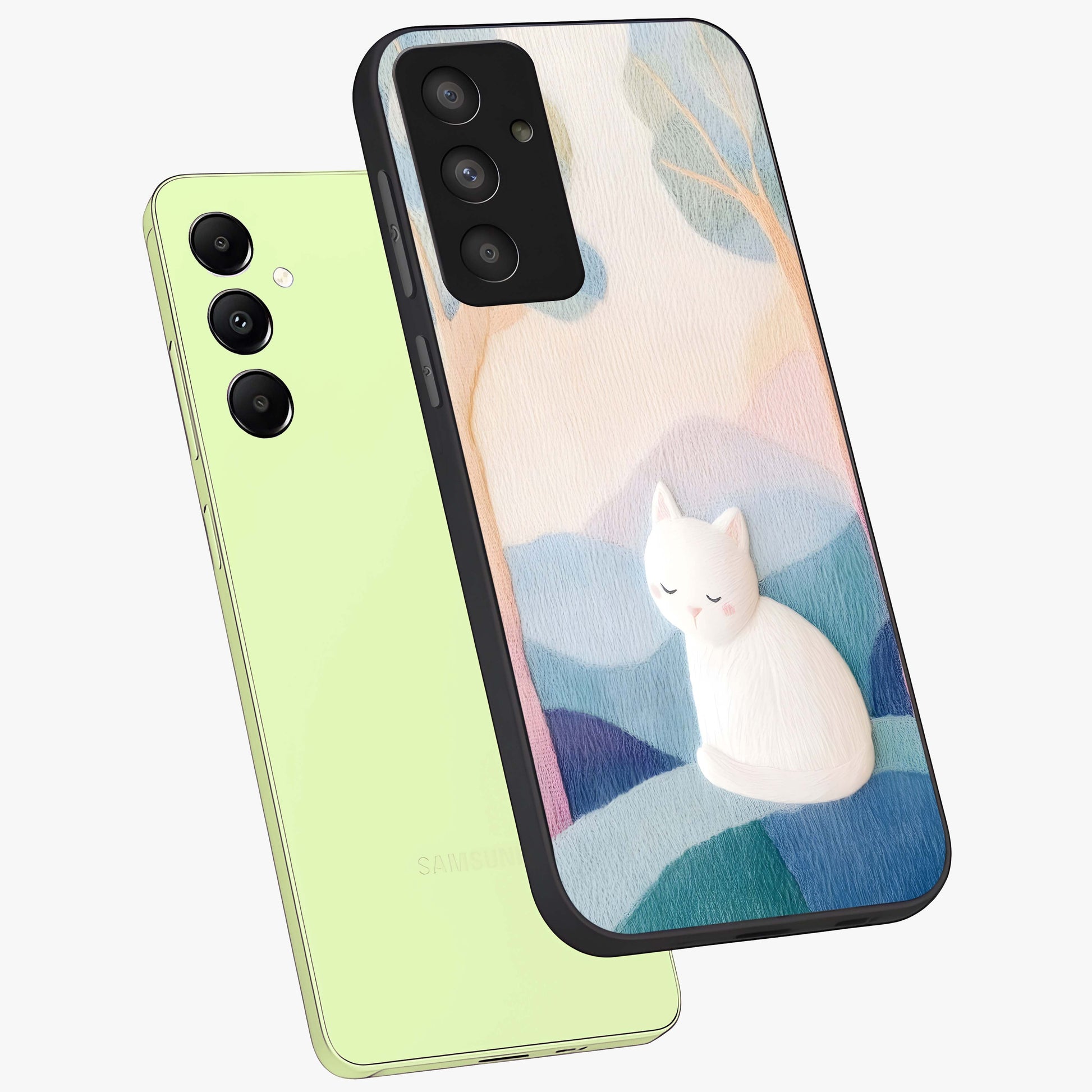 Cotton Dream Cat Glass Case displayed in angled mockup highlighting cute feline illustration with pastel aesthetic style.