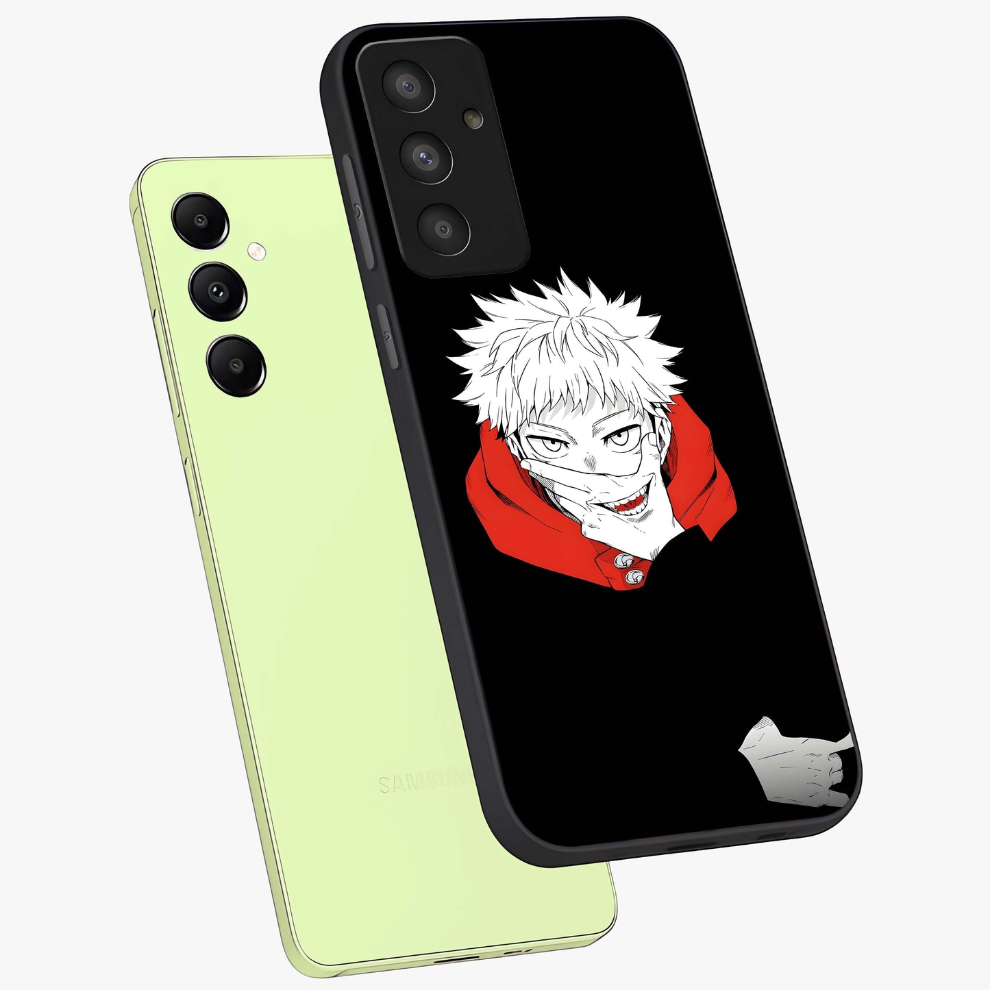 Crimson Chaos Smile Glass Case displayed in angled mockup highlighting edgy crimson smile design with graphic aesthetic.