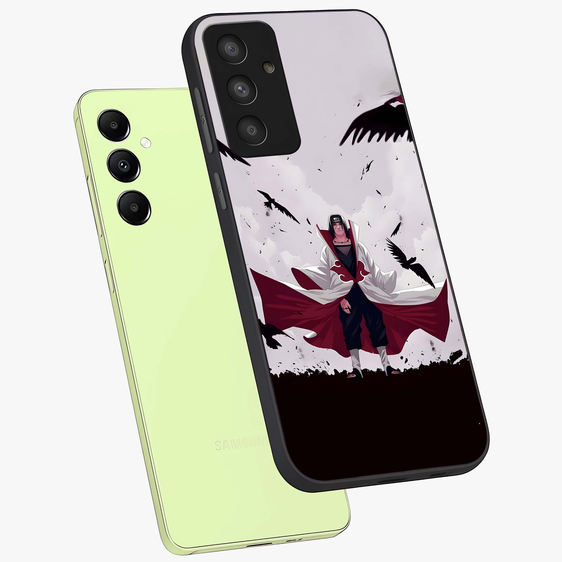Crimson Crow Ascension Glass Case displayed in angled mockup highlighting powerful crow illustration with dark crimson aesthetic.