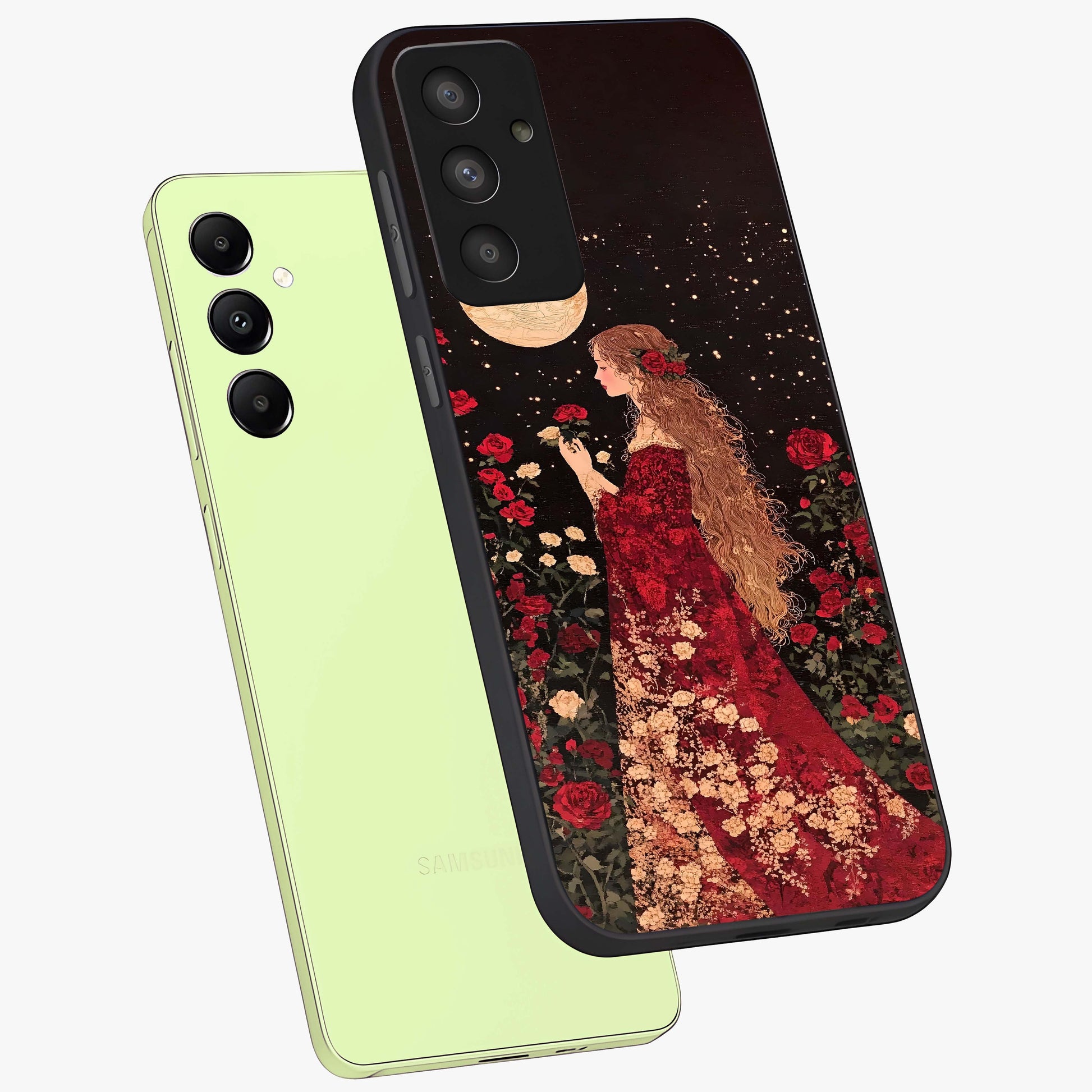 Crimson Dreams Glass Case displayed in angled mockup highlighting soft crimson aesthetic design with artistic theme.
