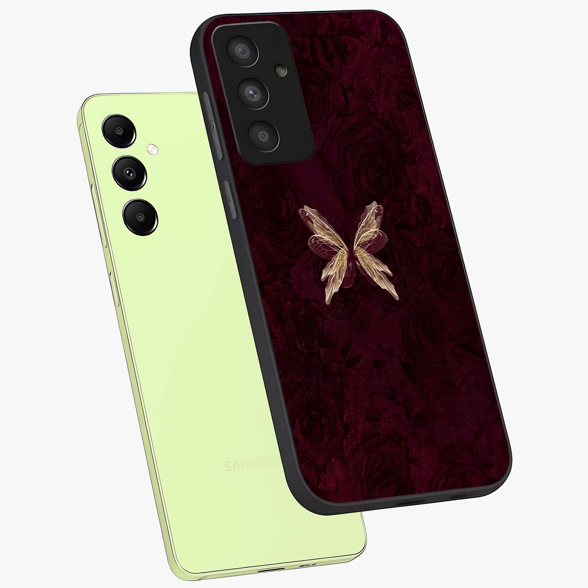 Crimson Fade Butterfly Glass Case displayed in angled mockup highlighting elegant butterfly design with crimson gradient aesthetic.