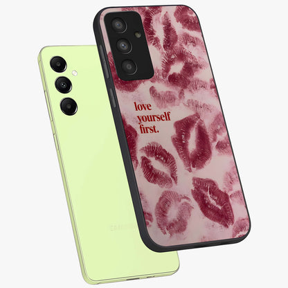 Crimson Kiss Love Glass Case displayed in angled mockup highlighting bold love inspired design with modern aesthetic style.