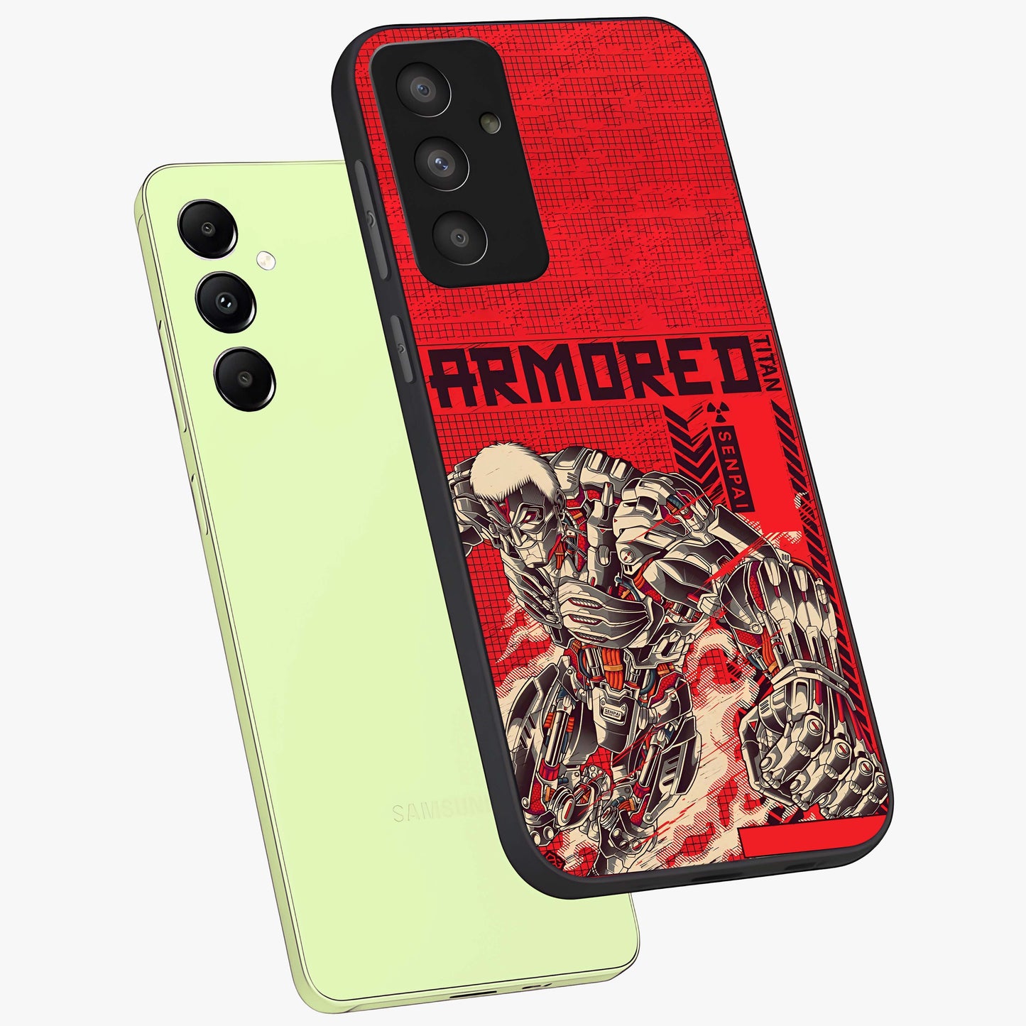 Crimson Mecha Titan Glass Case displayed in angled mockup highlighting futuristic mech illustration with bold crimson aesthetic.