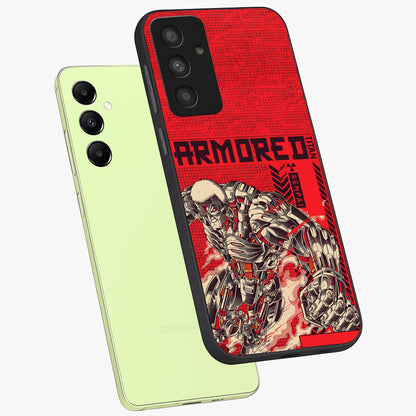 Crimson Mecha Titan Glass Case displayed in angled mockup highlighting futuristic mech illustration with bold crimson aesthetic.