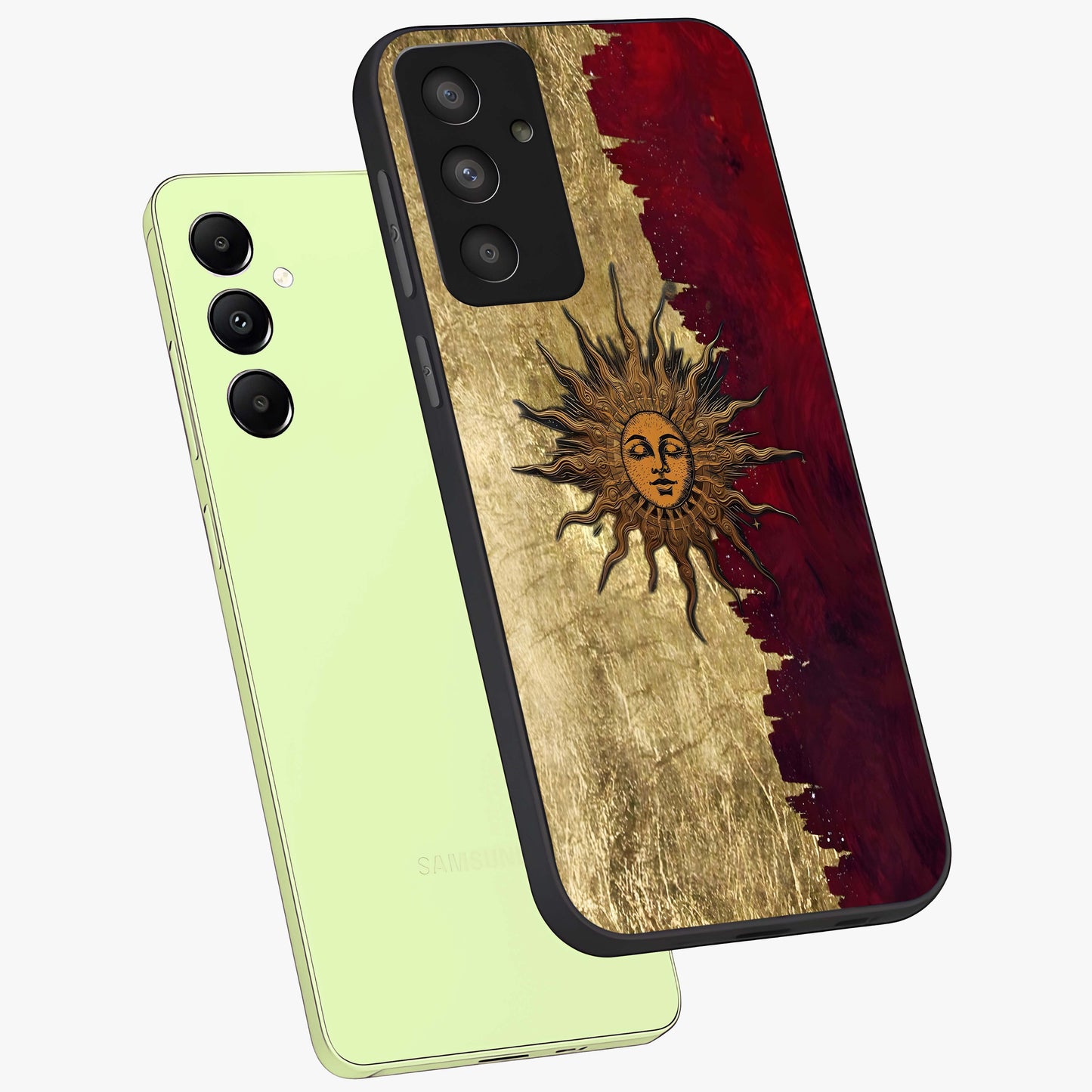 Crimson Sun Majesty Glass Case displayed in angled mockup highlighting majestic crimson sun design with bold aesthetic style.