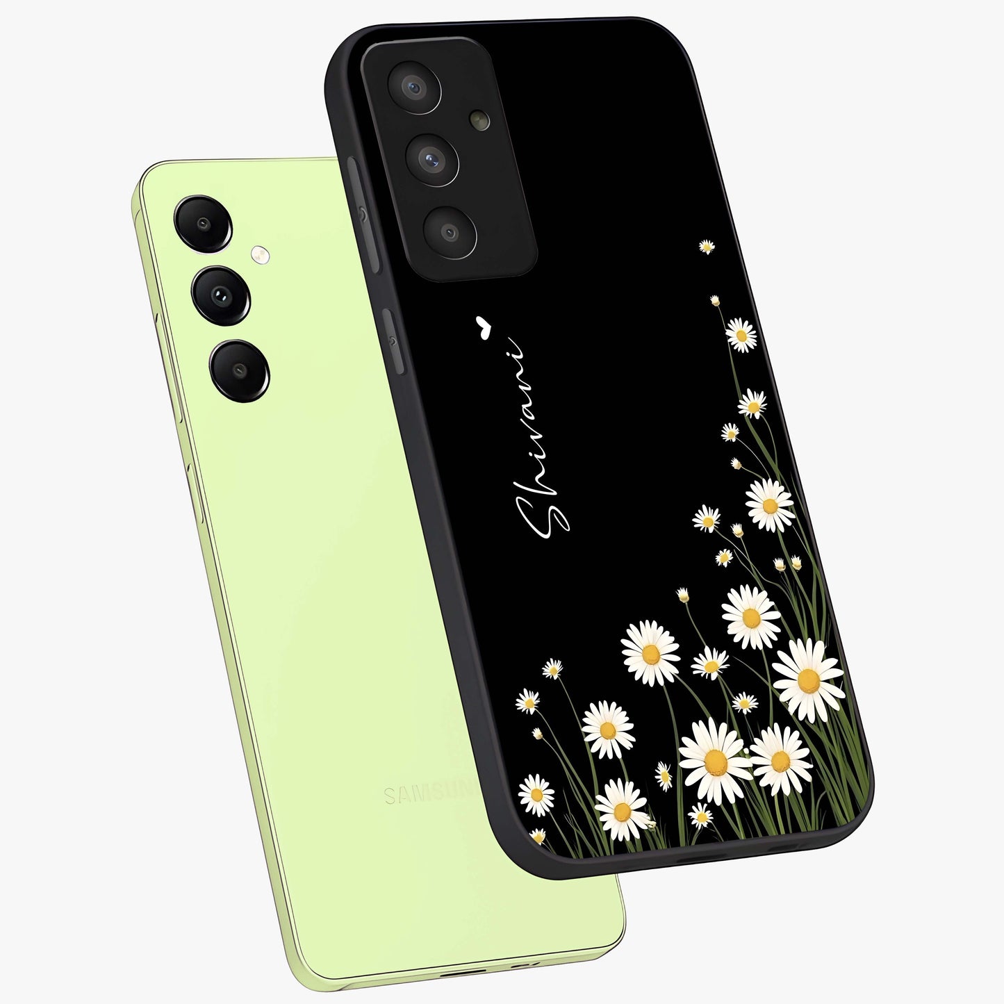 Daisy Cascade Custom Name Glass Case displayed in angled mockup highlighting delicate daisy artwork with custom name feature.