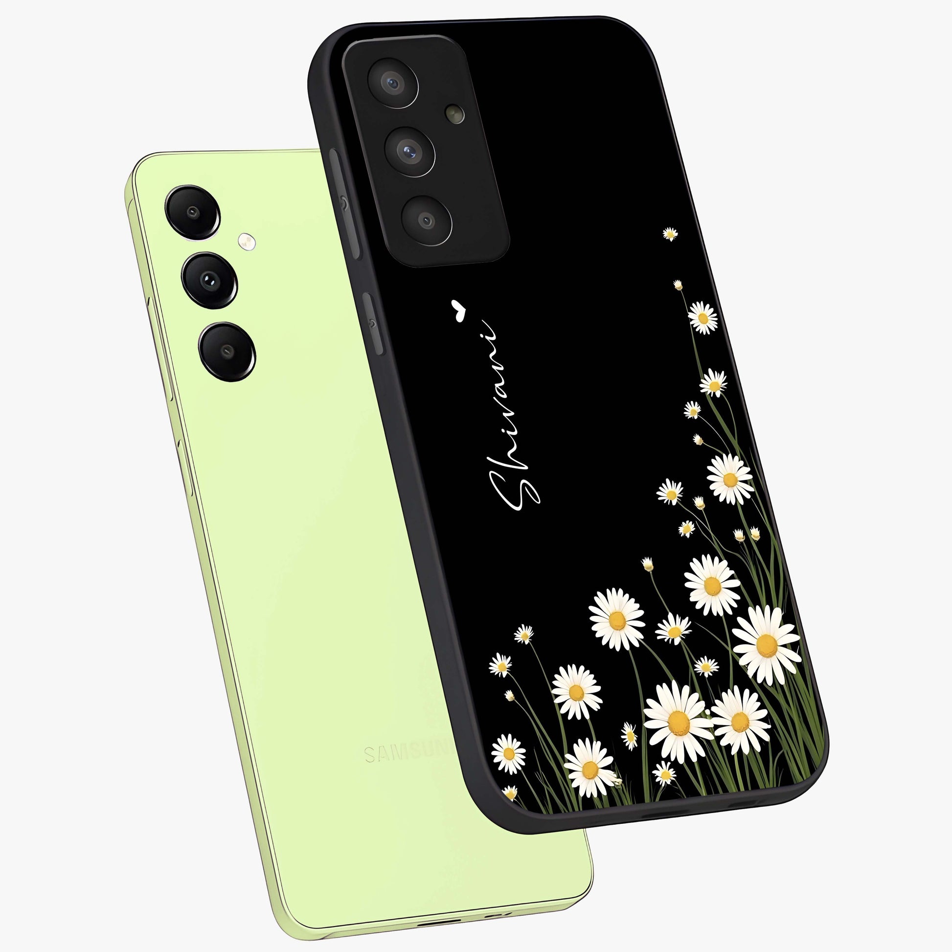Daisy Cascade Custom Name Glass Case displayed in angled mockup highlighting delicate daisy artwork with custom name feature.