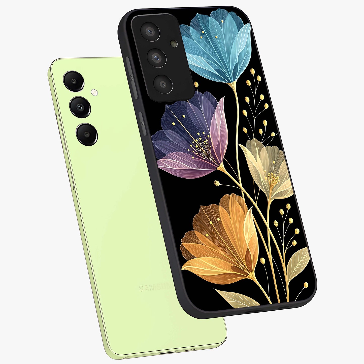 Delicate Multicolor Flowers Glass Case displayed in angled mockup highlighting colorful flower pattern with soft aesthetic style.