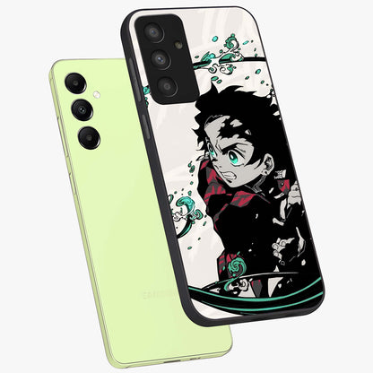 Demon Slayer Glass Case displayed in angled mockup highlighting dramatic anime character design with action aesthetic.